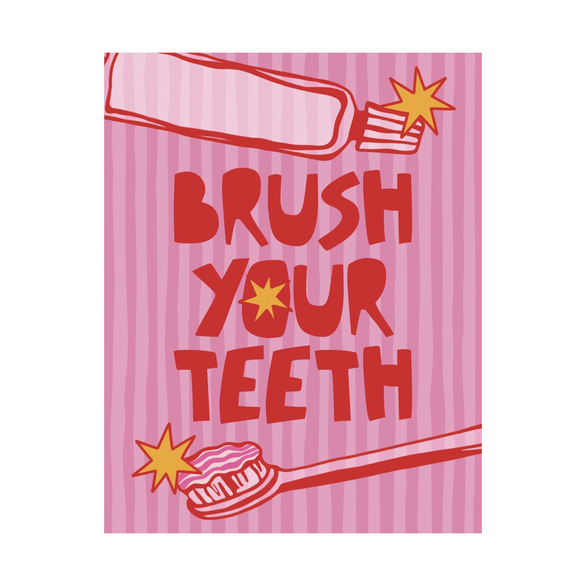 Eclectic Brush Your Teeth Poster, Red, Pink Bathroom Bold Wall Art Print