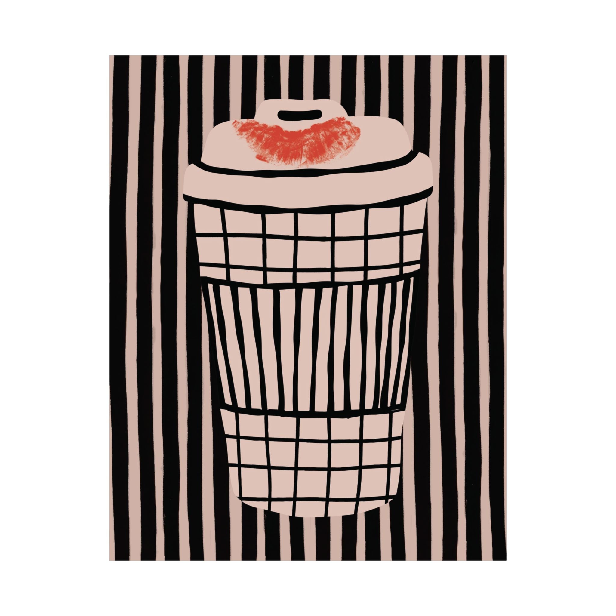 Abstract Coffee Takeaway Cup With Red Lipstick Kiss Stamp Poster, Mixed Patterns Print