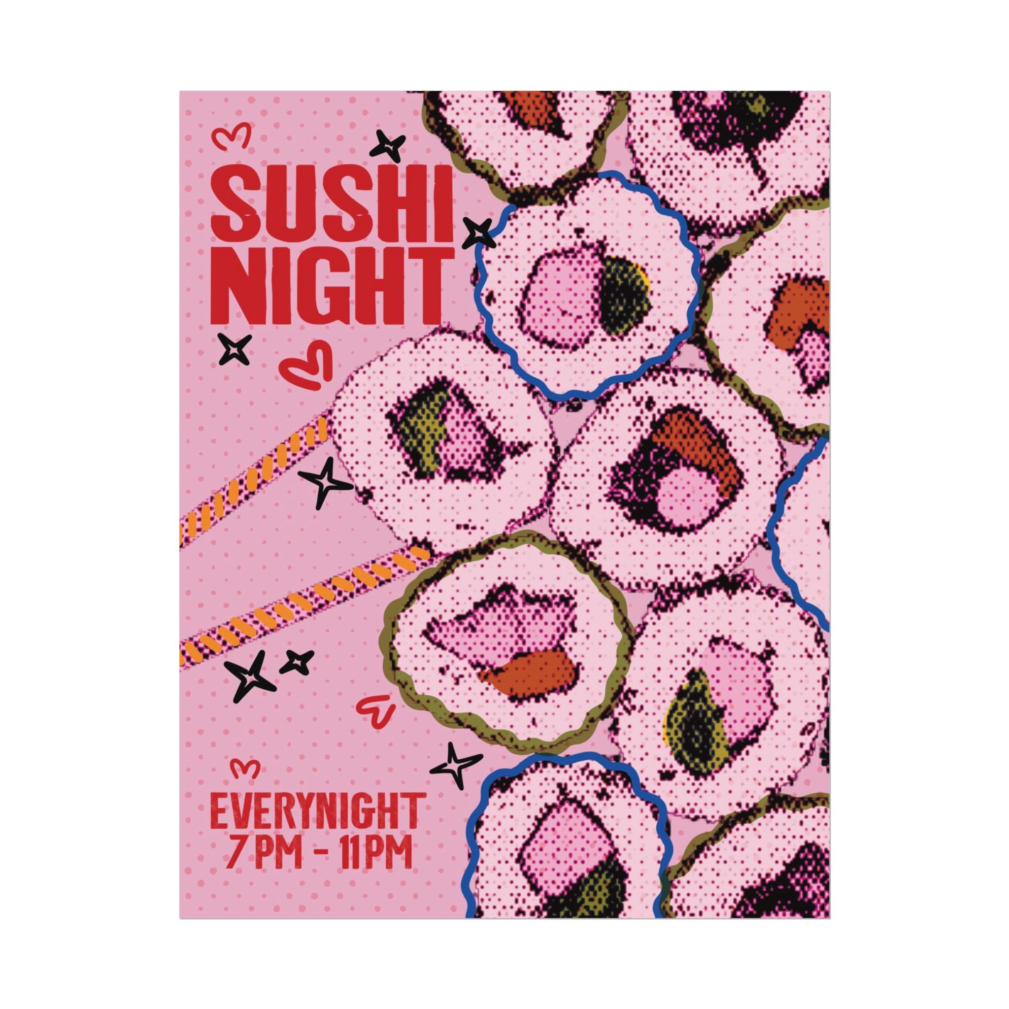 Halftone Sushi Night Poster, Vintage, Retro Food Wall Art Print