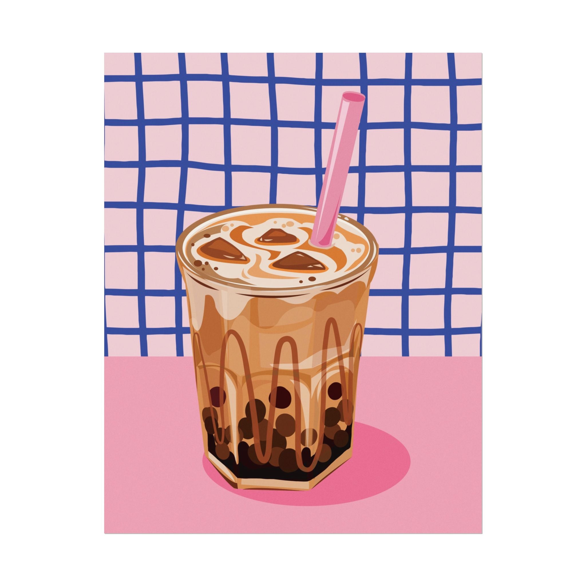 Eclectic Brown Sugar Boba Tea Poster, Retro Pink & Blue Coffee Wall Poster
