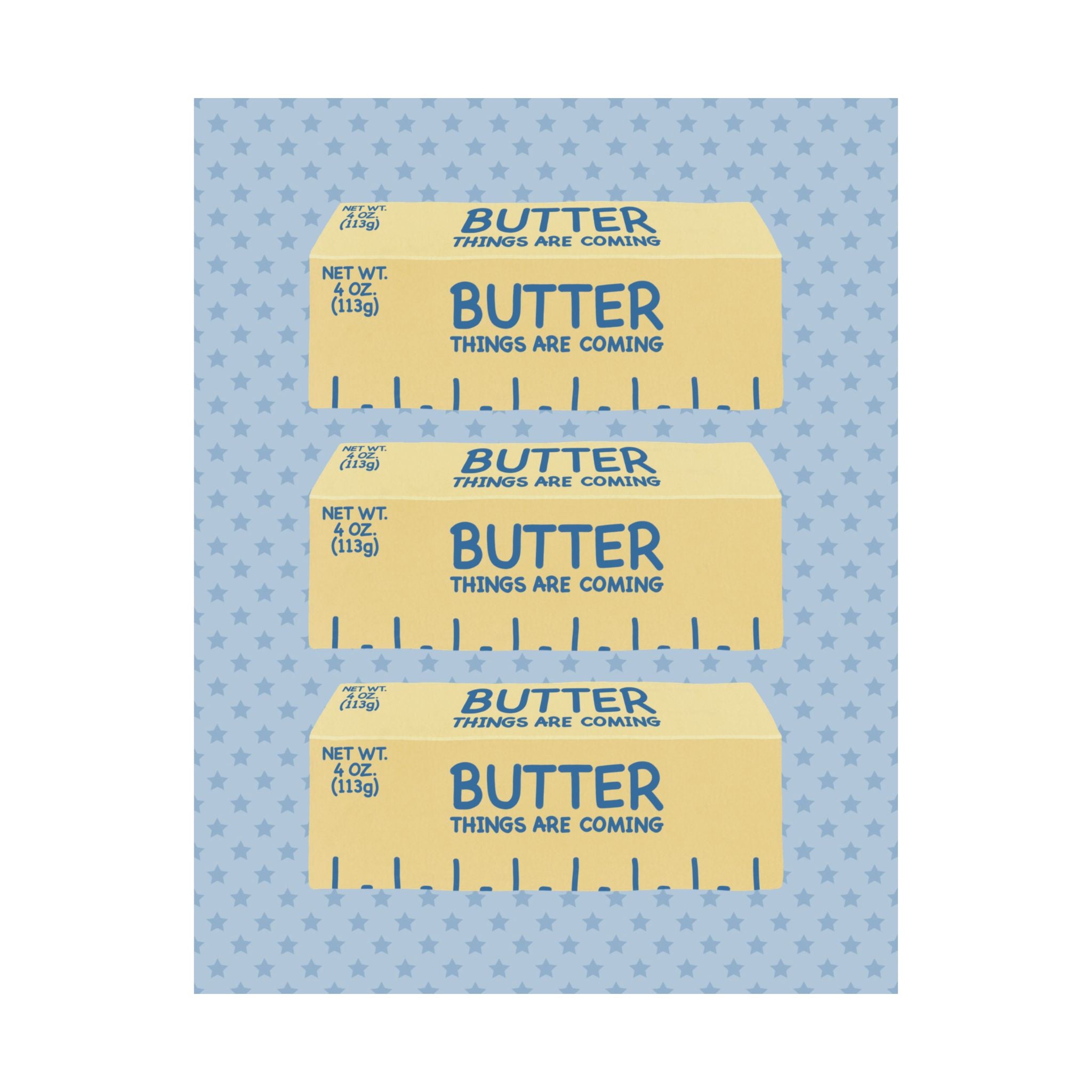 Butter Things Are Coming Illustration Poster, Blue Yellow Retro Eclectic Food Print