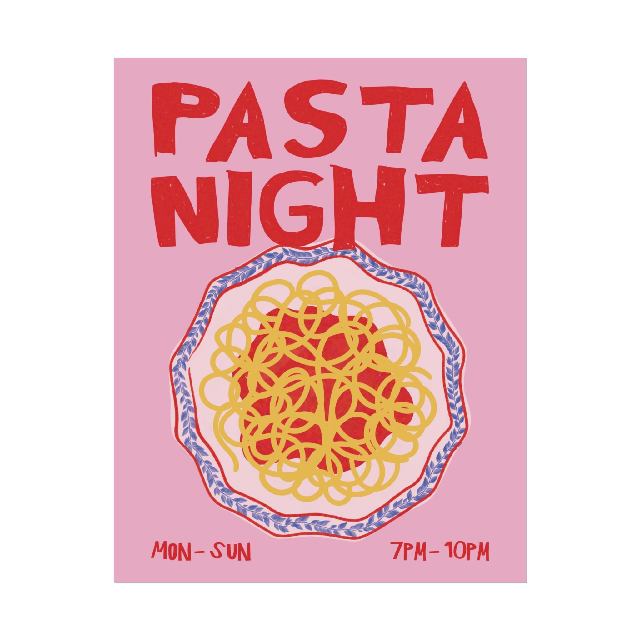 Retro Pasta Night Illustration Poster, Girl Dinner, Italian Food Wall Art Print