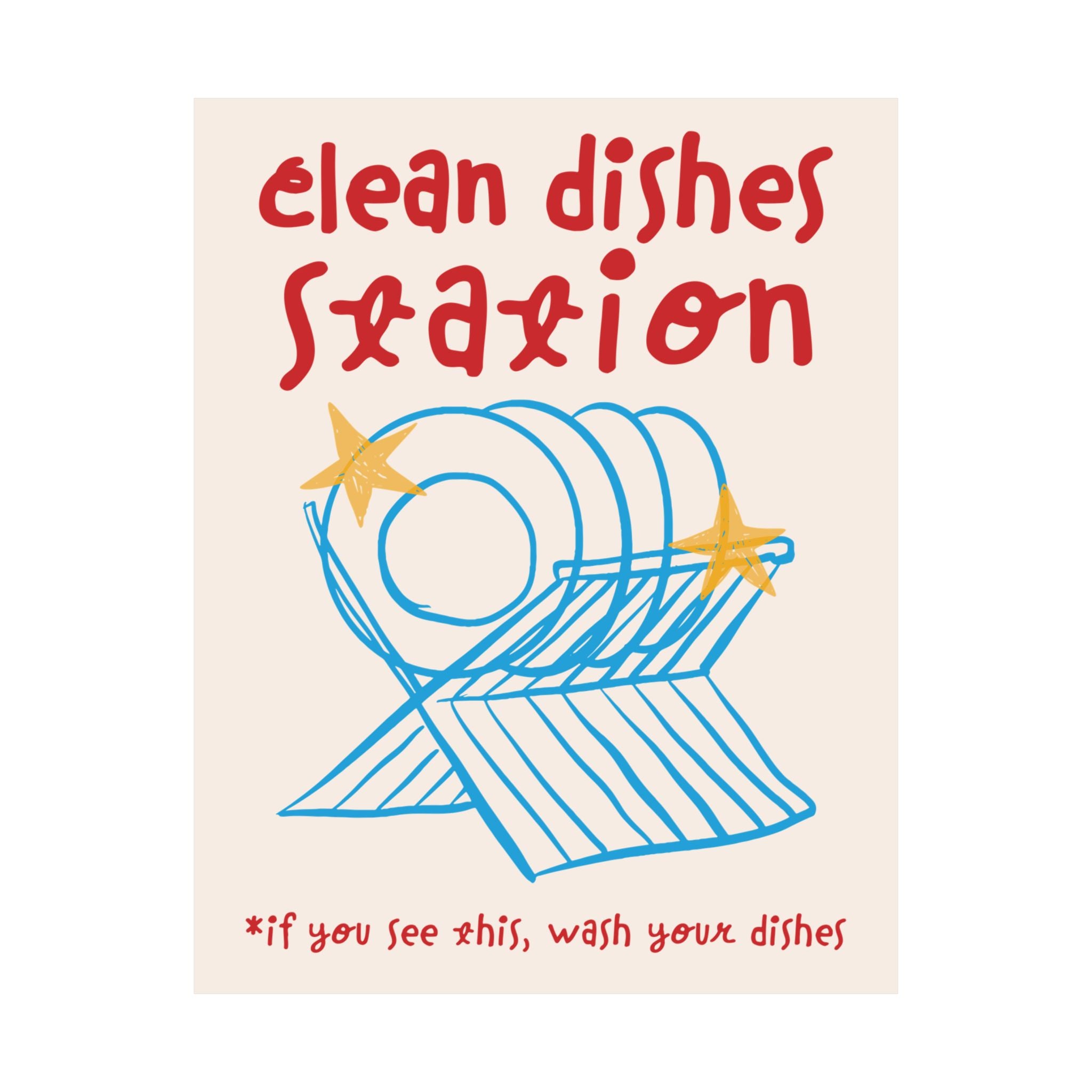 Clean Dishes Station, Wash Your Plates Poster, Blue Red Kitchen Art Print
