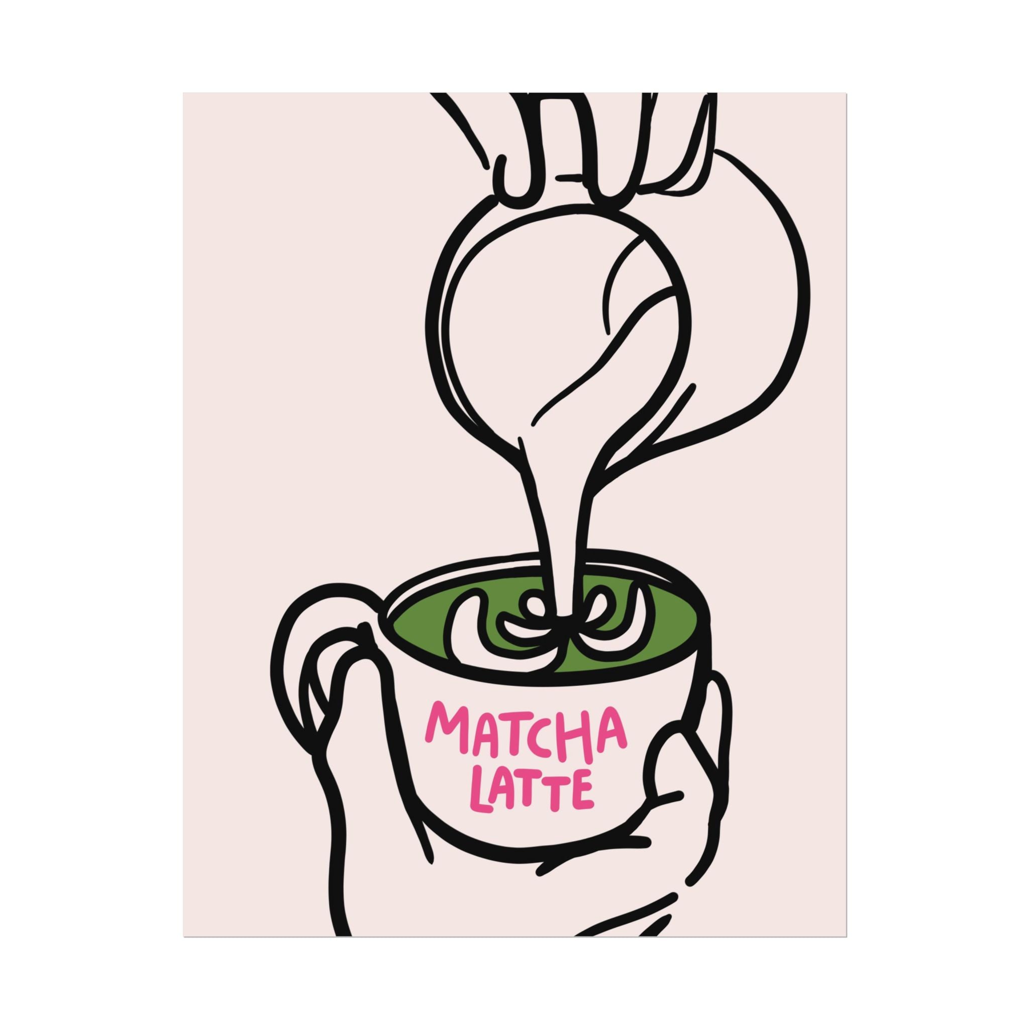 Funky Matcha Latte Poster, Coffee Barista Pink Green Wall Print