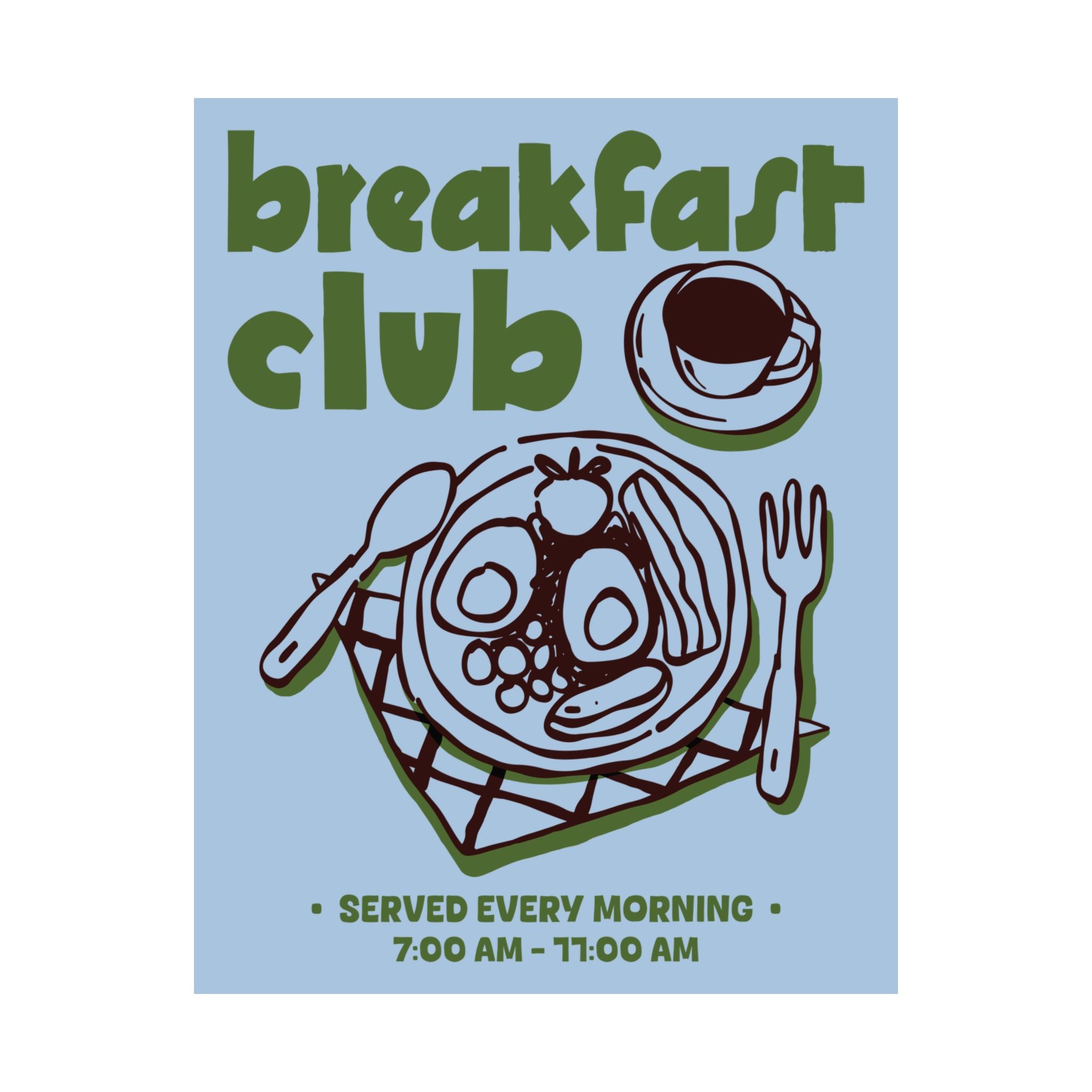 Doodle Breakfast Club Poster, Food & Coffee Blue, Green, Brown Wall Art Print