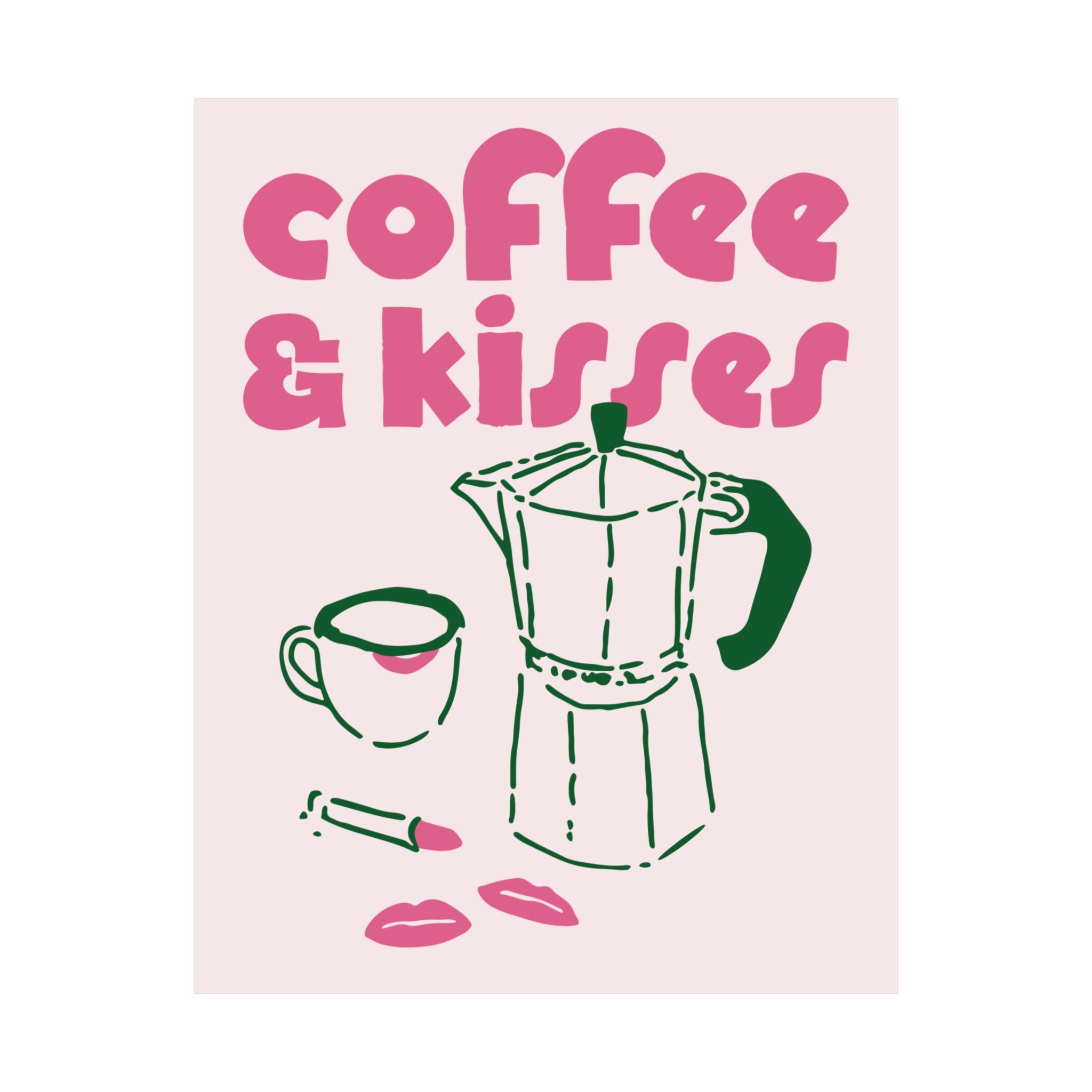 Funky Coffee & Kisses Doodle Poster, Green Pink Caffeine Wall Art Print