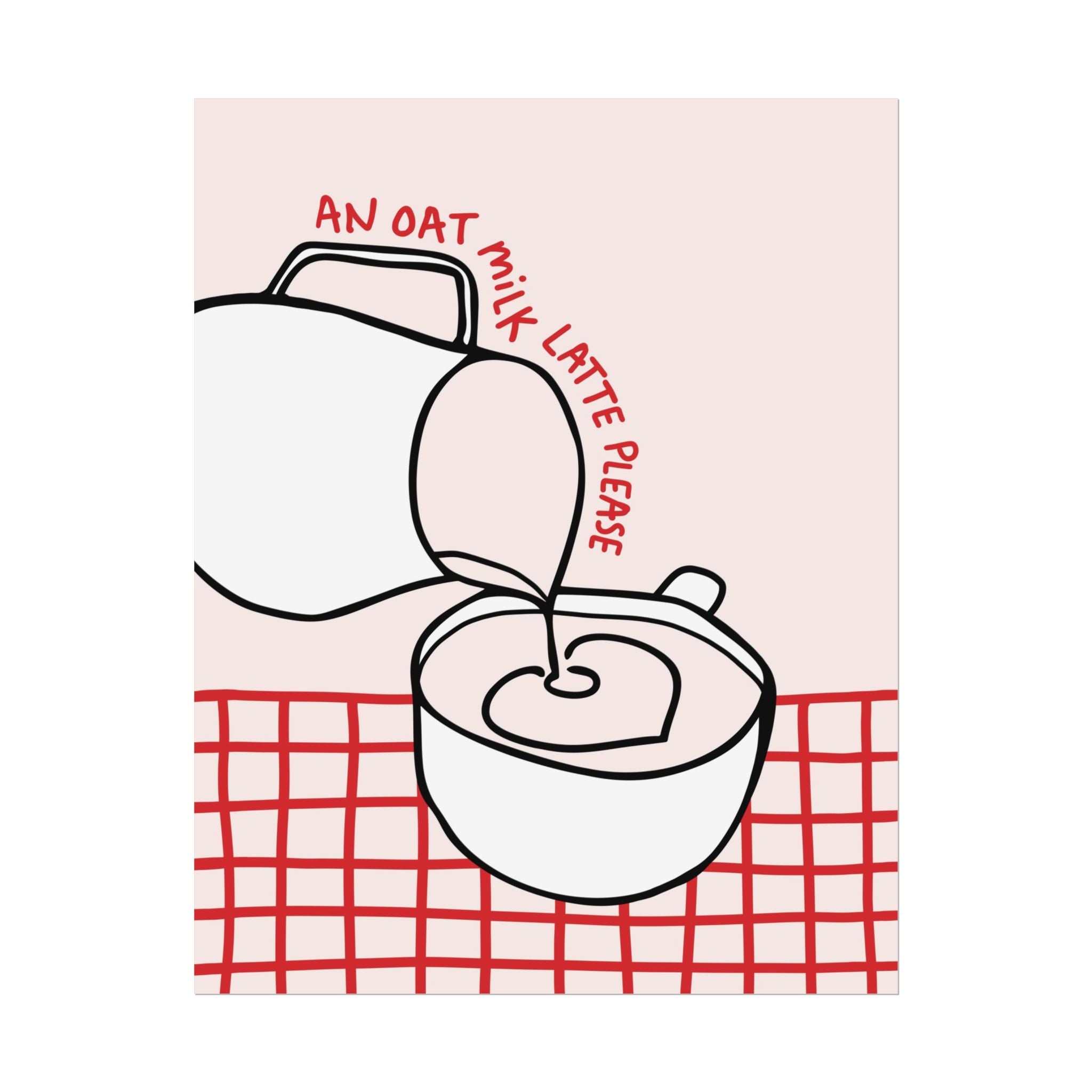 An Oat Milk Latte Please Poster, Coffee Red & Pink Retro Latte Wall Art Print