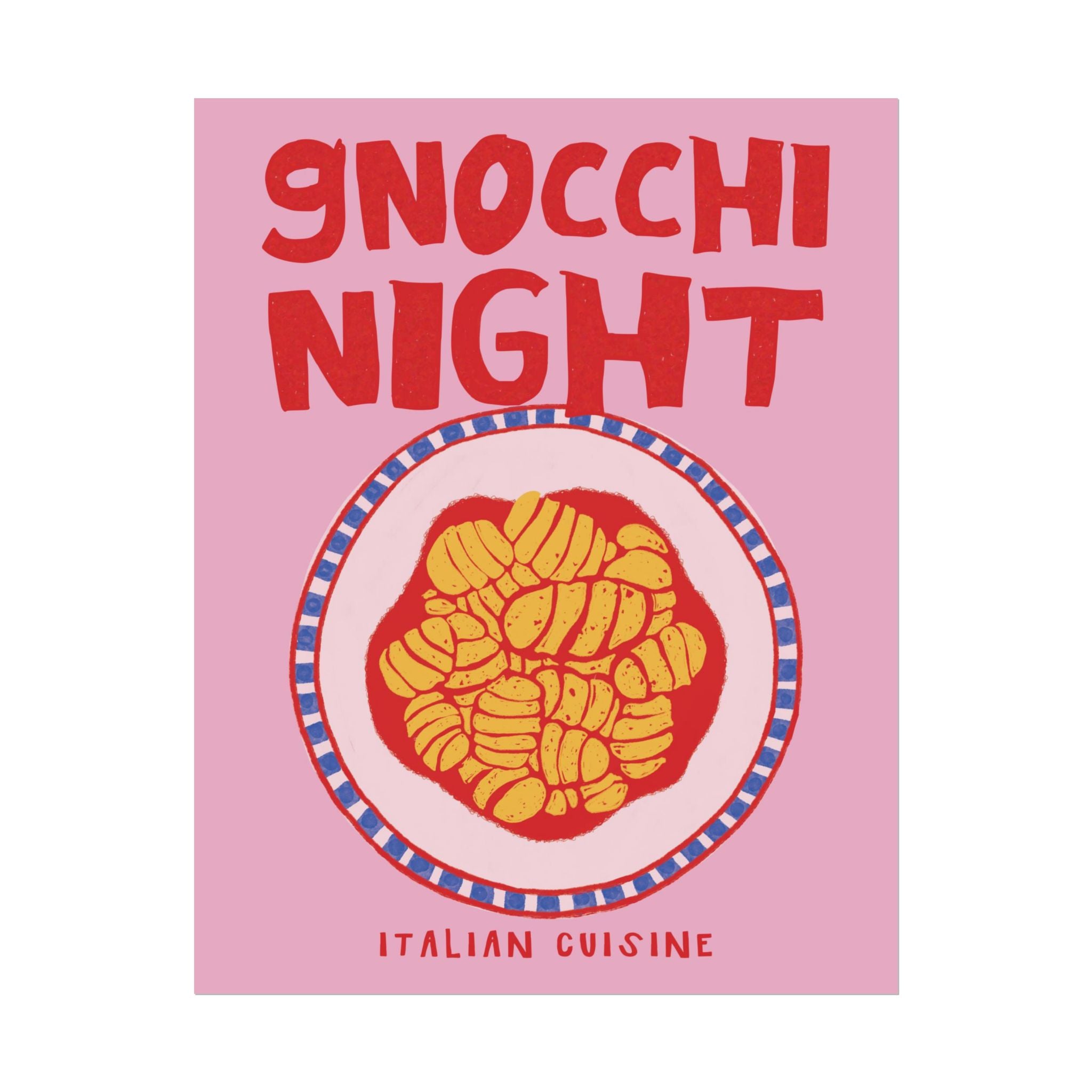 Retro Gnocchi Night Illustration Poster, Girl Dinner Pink & Red Wall Print