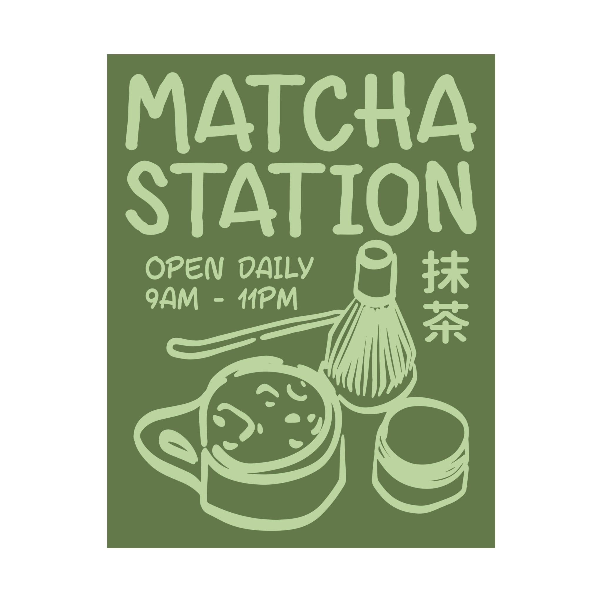 Funky Matcha Station Green Poster, Coffeebar Doodle Wall Art Print