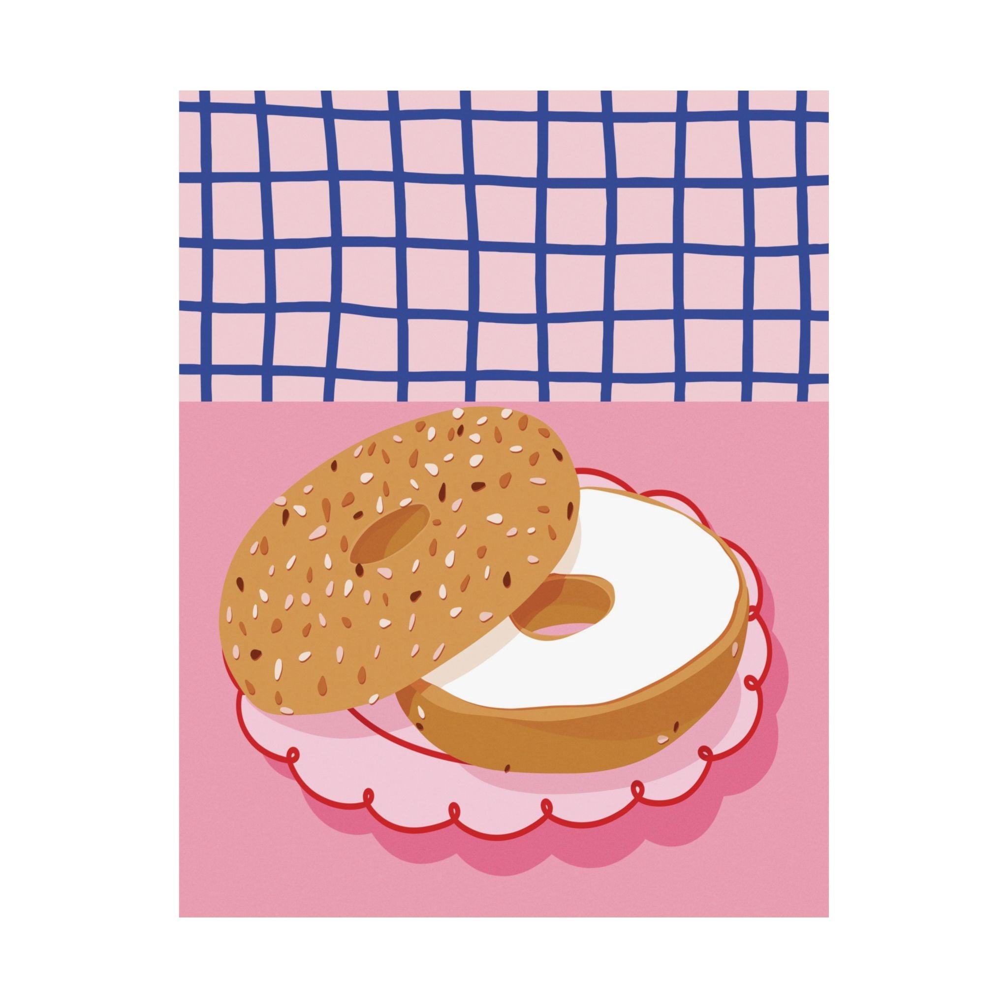 Eclectic Bagel Cream Cheese Poster, Retro Pink & Blue Breakfast Wall Poster