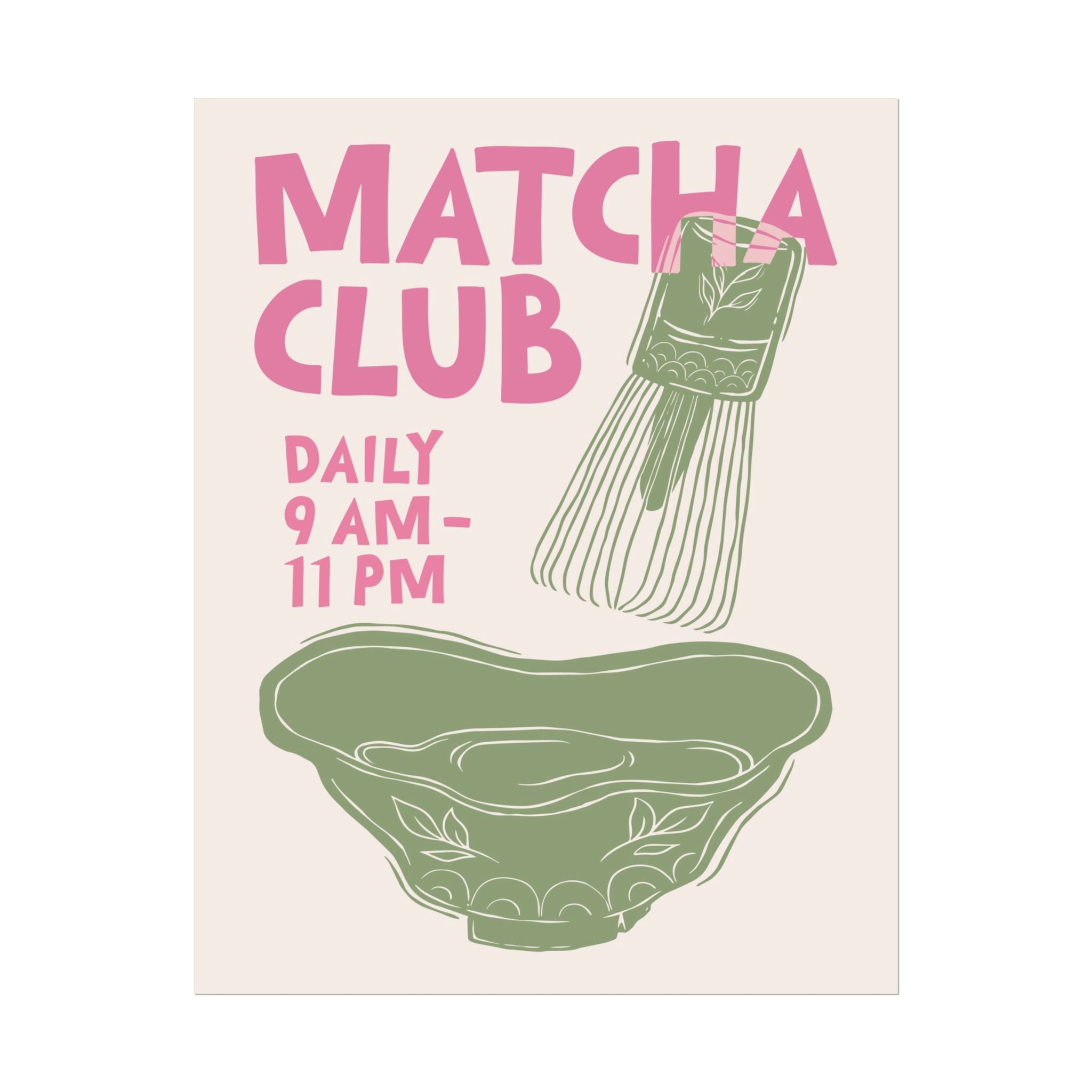 Abstract Matcha Club Pink Green Poster, Coffee Kit Whisk & Bowl Wall Print