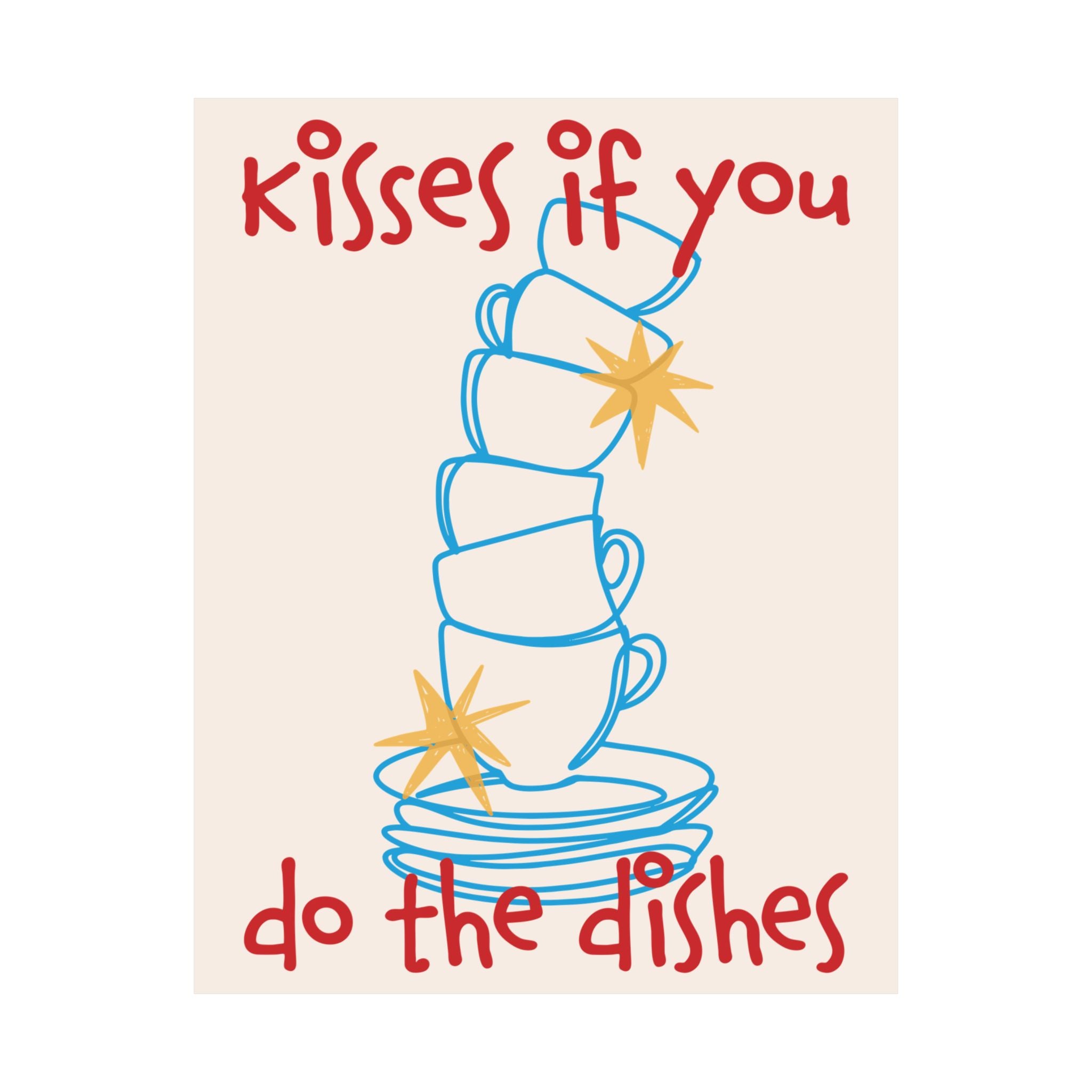 Kisses If You Do The Dishes Mugs & Bowls Poster, Blue Red Kitchen Art Print