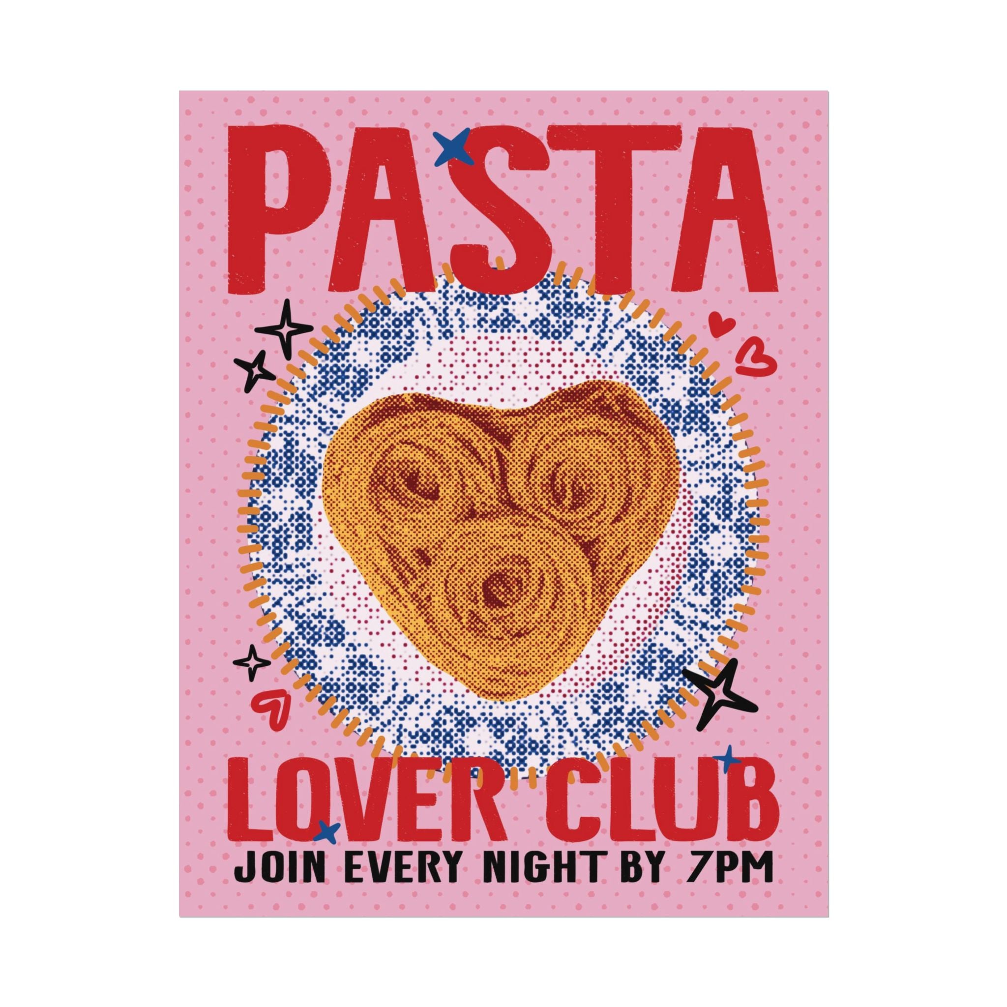 Halftone Pasta Lover Club Poster, Heart Retro Spaghetti Wall Art Print