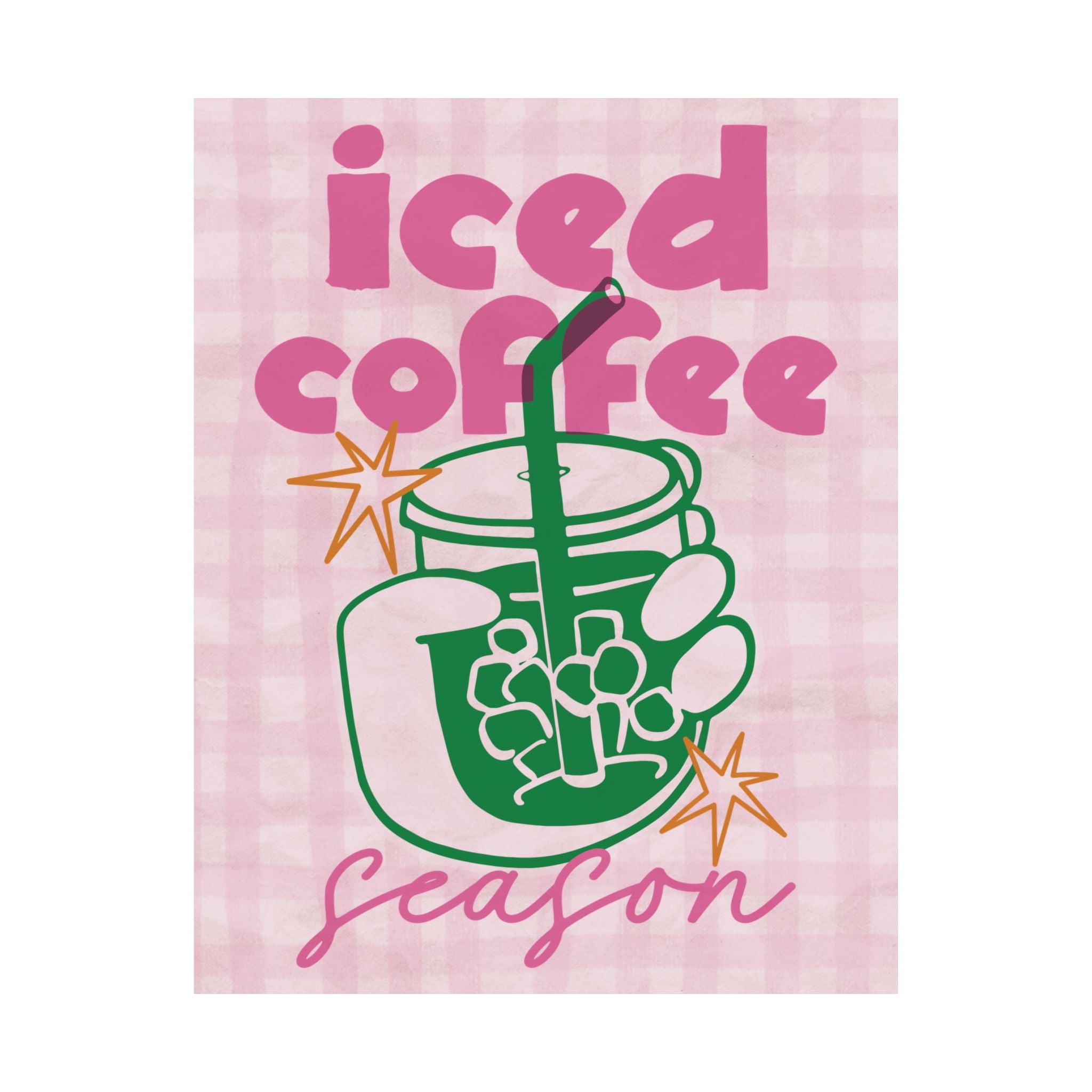 Iced Coffee Season Poster, Eclectic Pink, Green Coffeebar Corner Print