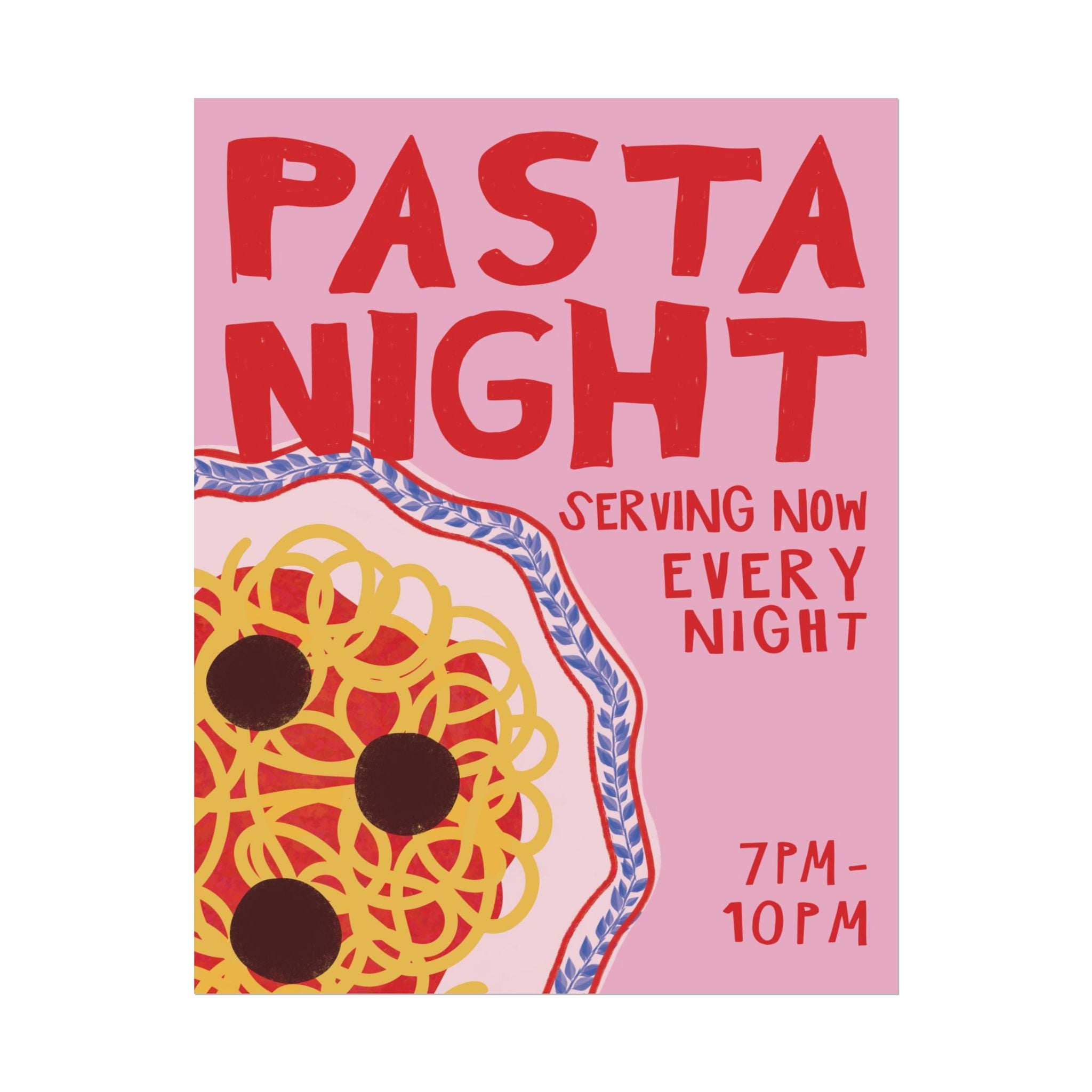 Retro Close-Up of Pasta Plate Night Illustration Poster, Girl Dinner Wall Print