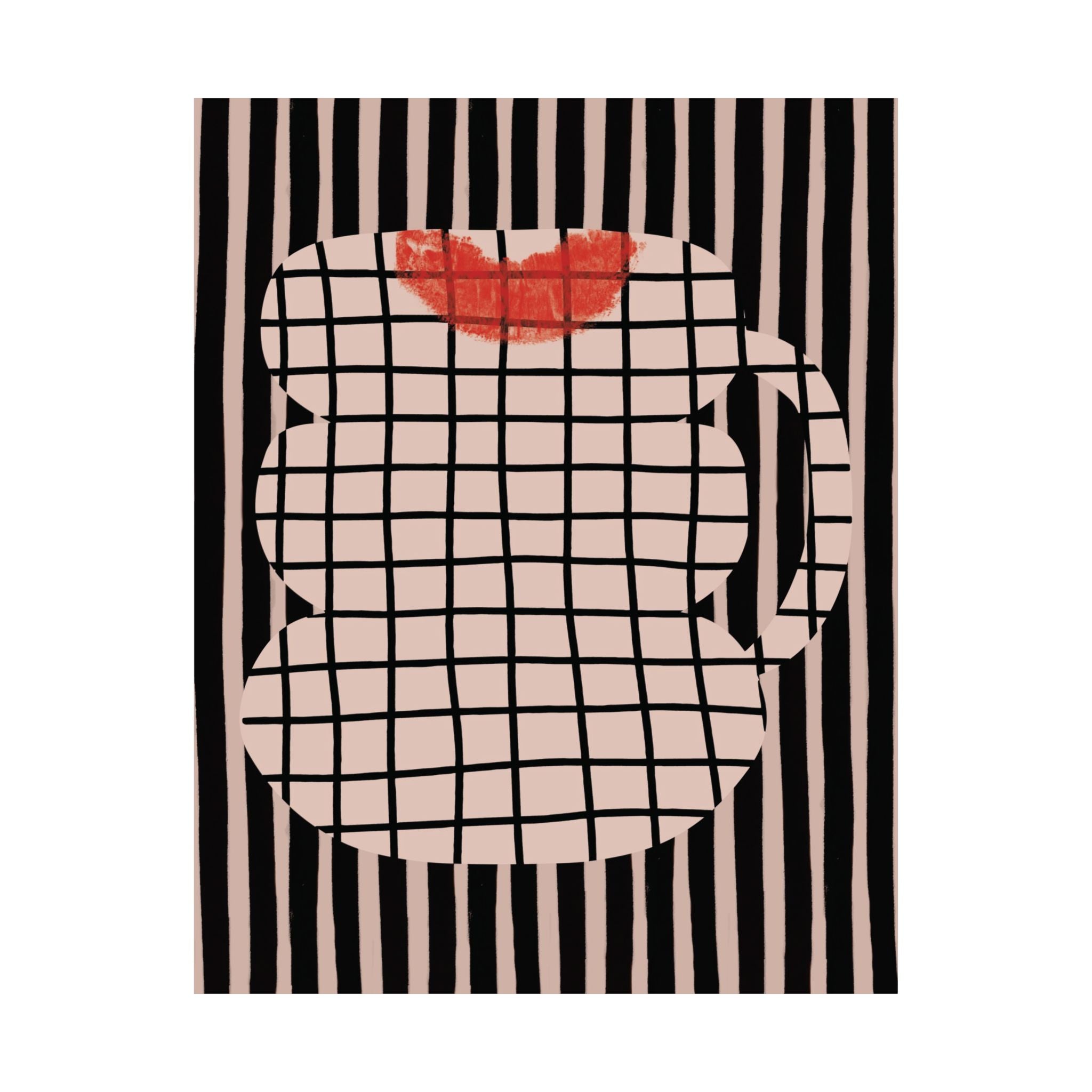 Abstract Coffee Mug With Red Lipstick Kiss Stamp Poster, Mixed Patterns Art Print