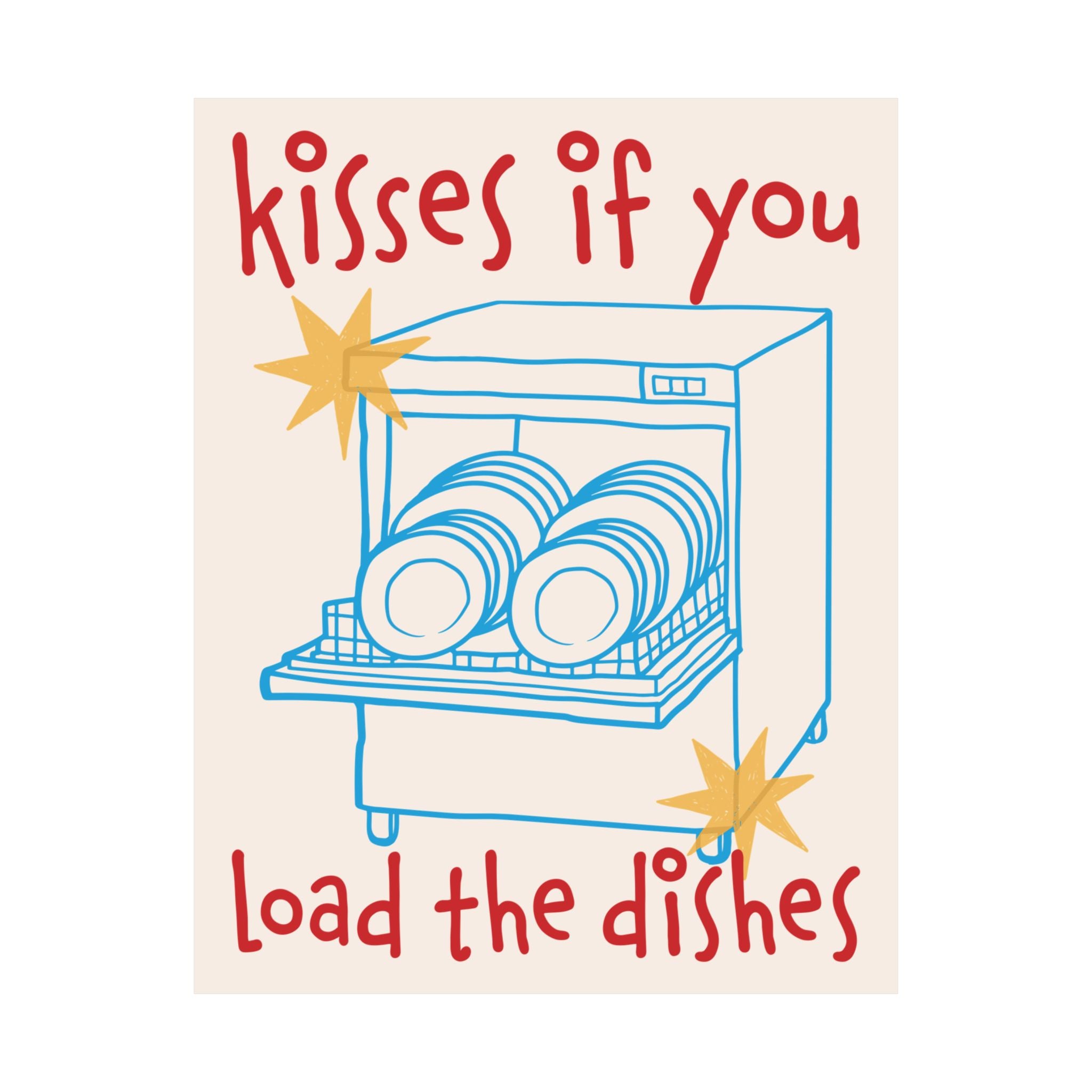 Kisses If You Load The Dishes Dishwasher Poster, Blue Red Kitchen Art Print