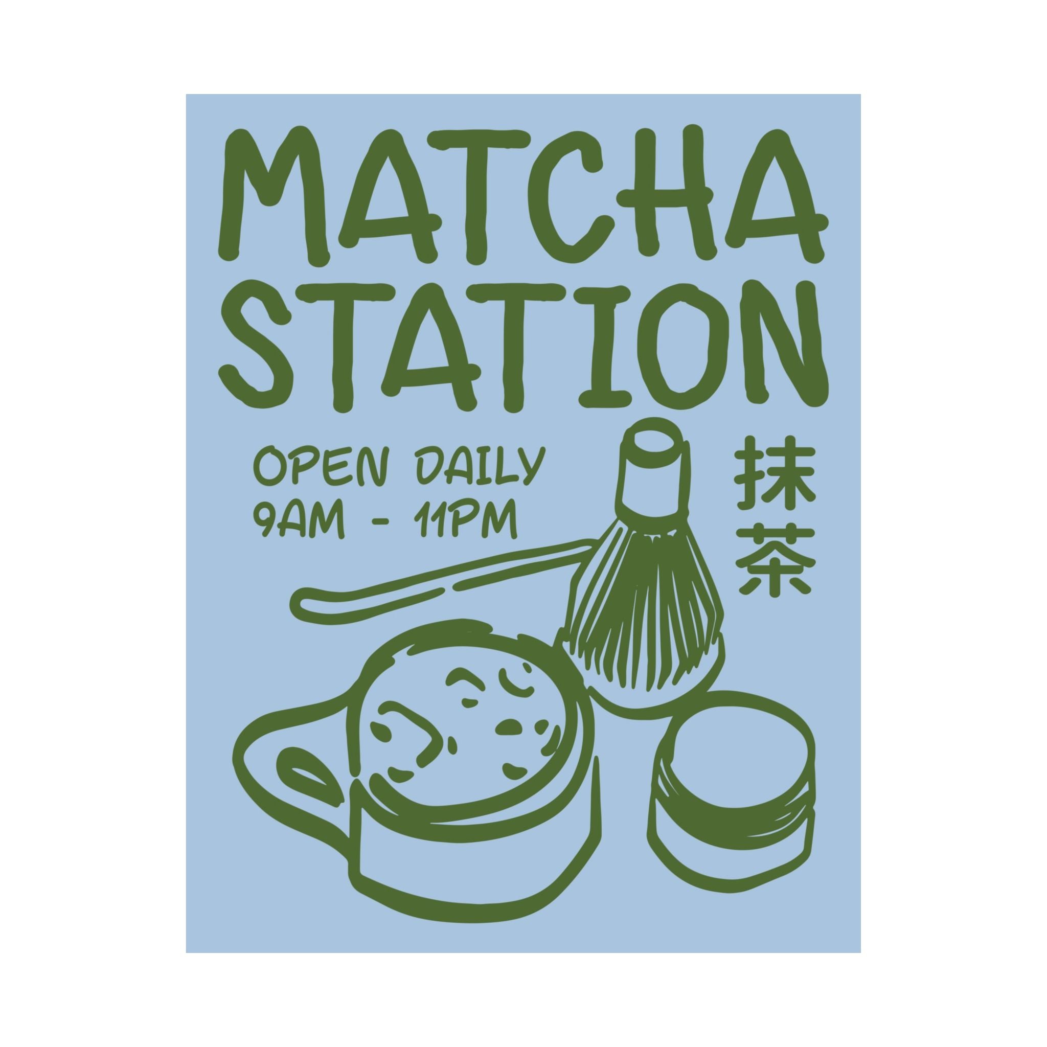 Funky Matcha Station Blue Green Poster, Coffeebar Doodle Print