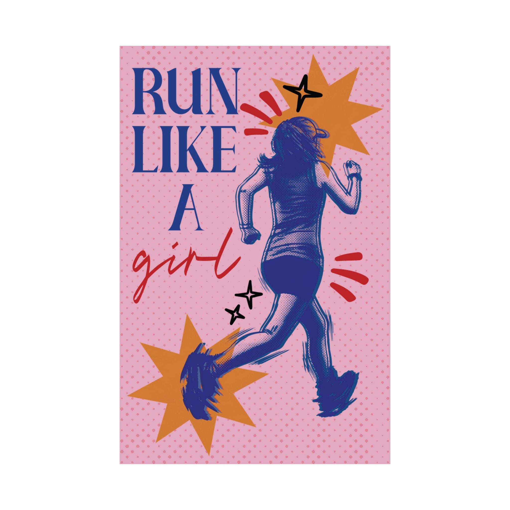Halftone Run Like A Girl Poster, Blue, Pink Eclectic, Feminist Wall Art Print