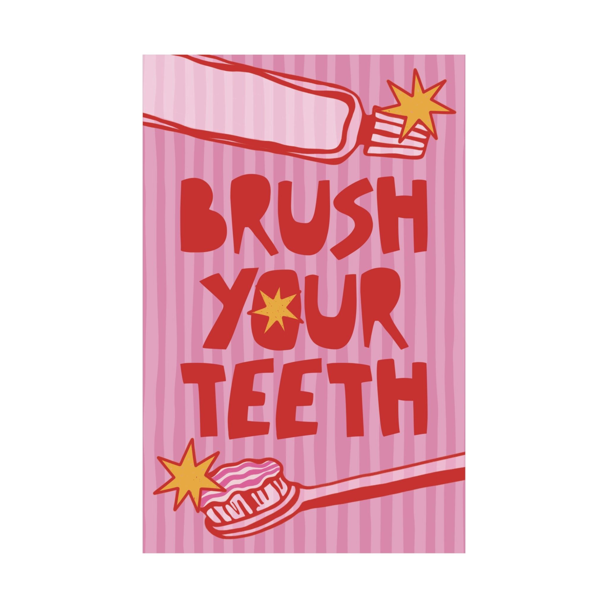 Eclectic Brush Your Teeth Poster, Red, Pink Bathroom Bold Wall Art Print