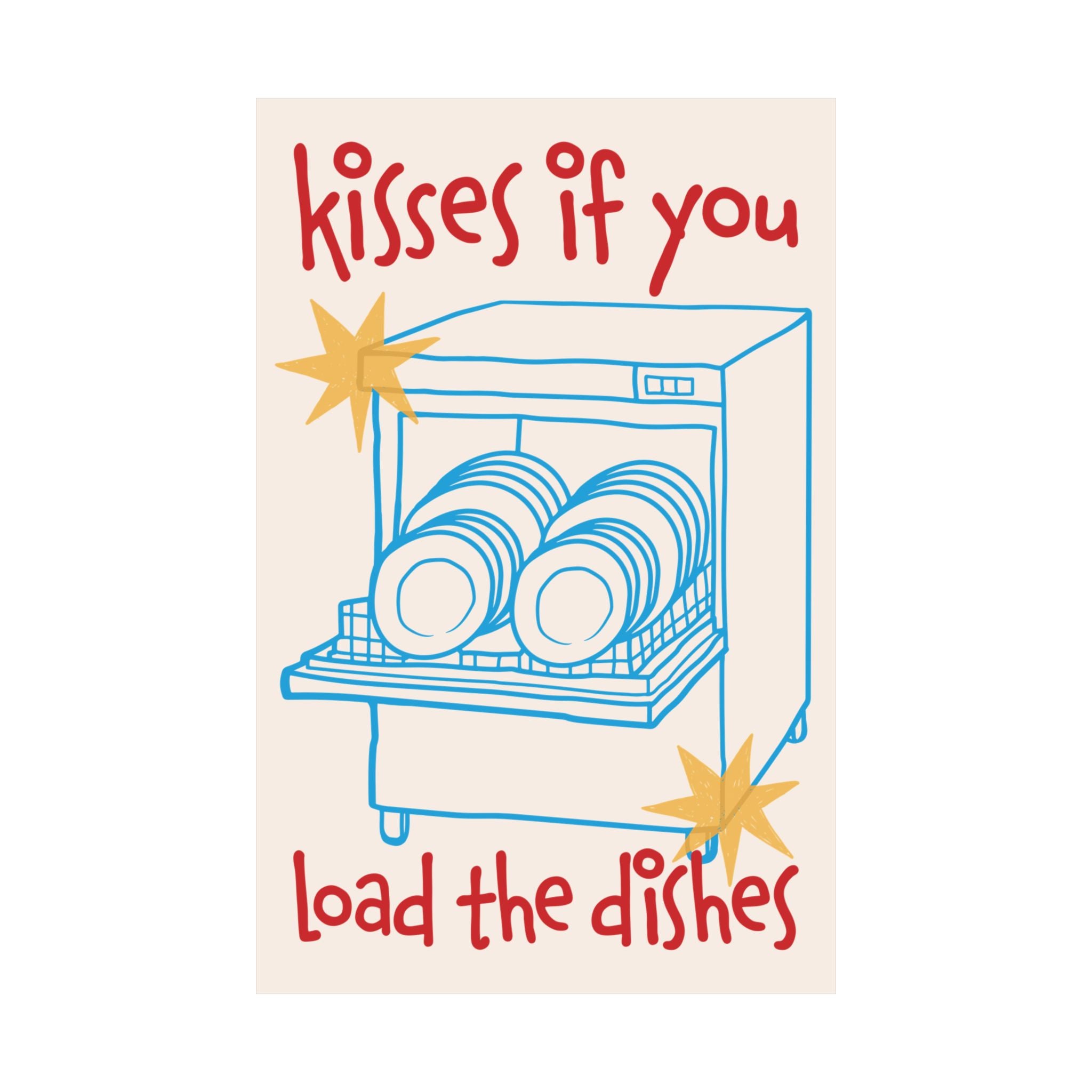 Kisses If You Load The Dishes Dishwasher Poster, Blue Red Kitchen Art Print