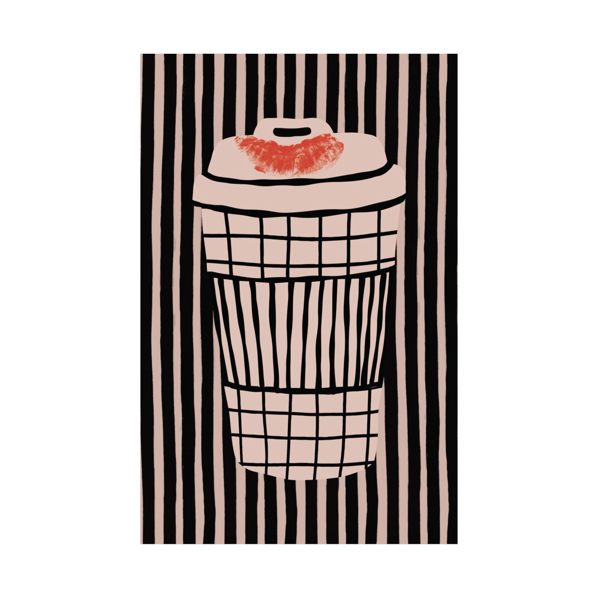 Abstract Coffee Takeaway Cup With Red Lipstick Kiss Stamp Poster, Mixed Patterns Print