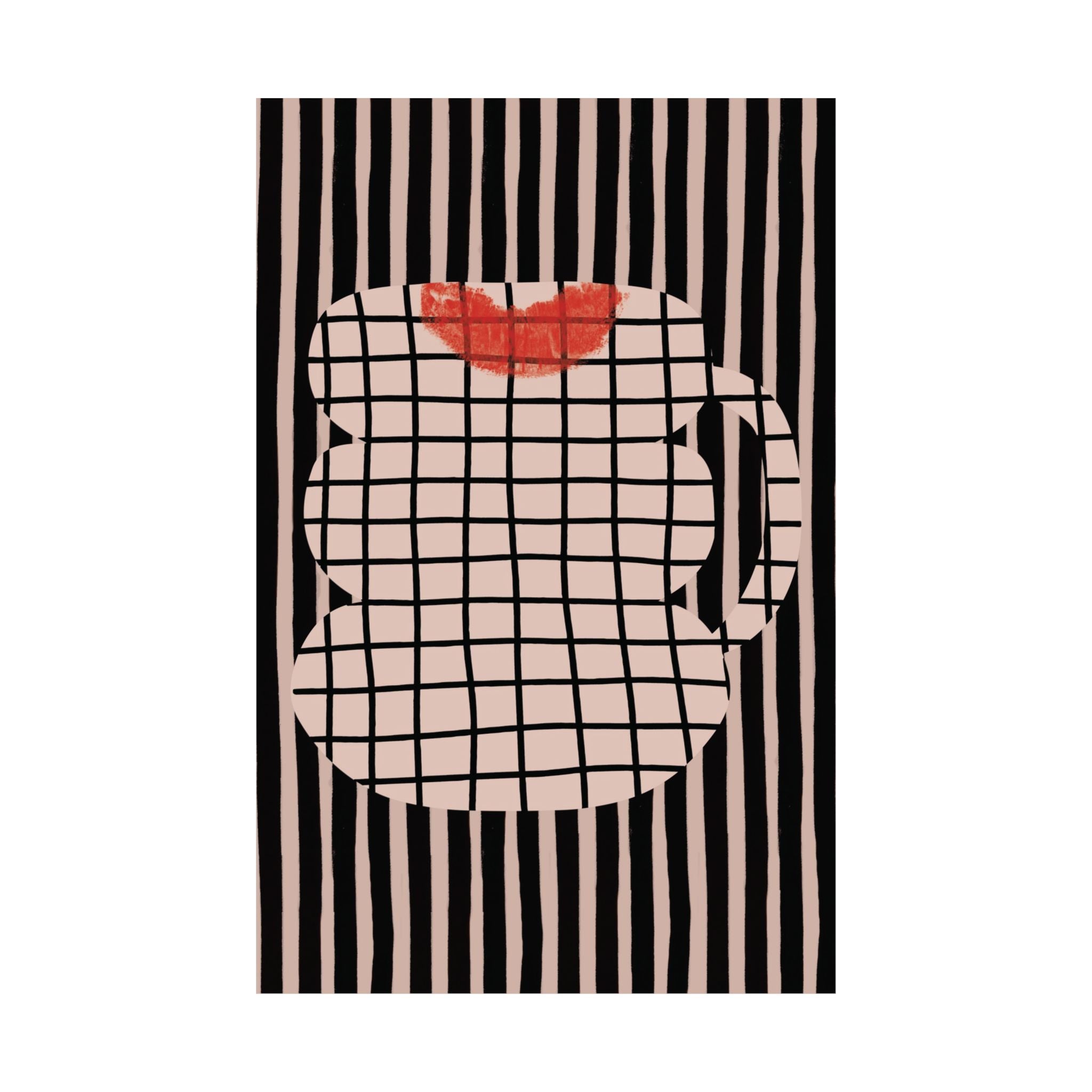 Abstract Coffee Mug With Red Lipstick Kiss Stamp Poster, Mixed Patterns Art Print