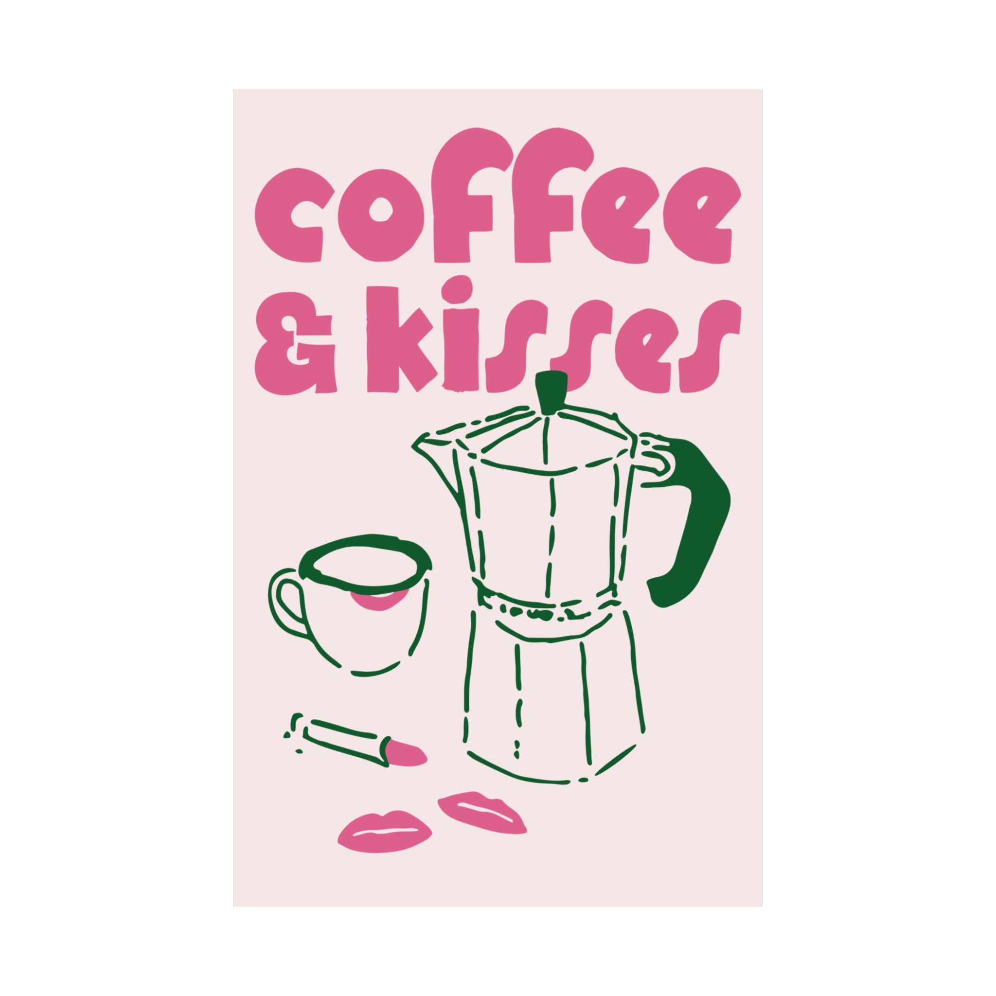 Funky Coffee & Kisses Doodle Poster, Green Pink Caffeine Wall Art Print