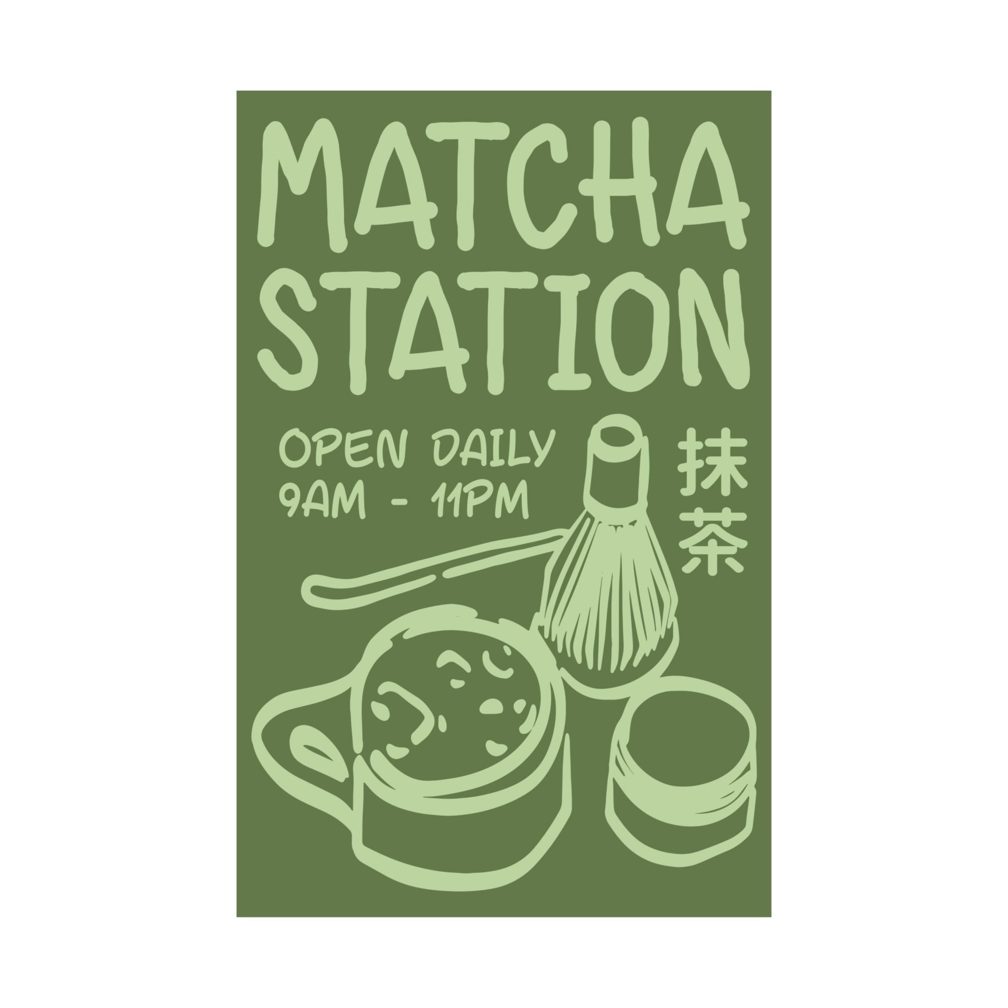 Funky Matcha Station Green Poster, Coffeebar Doodle Wall Art Print