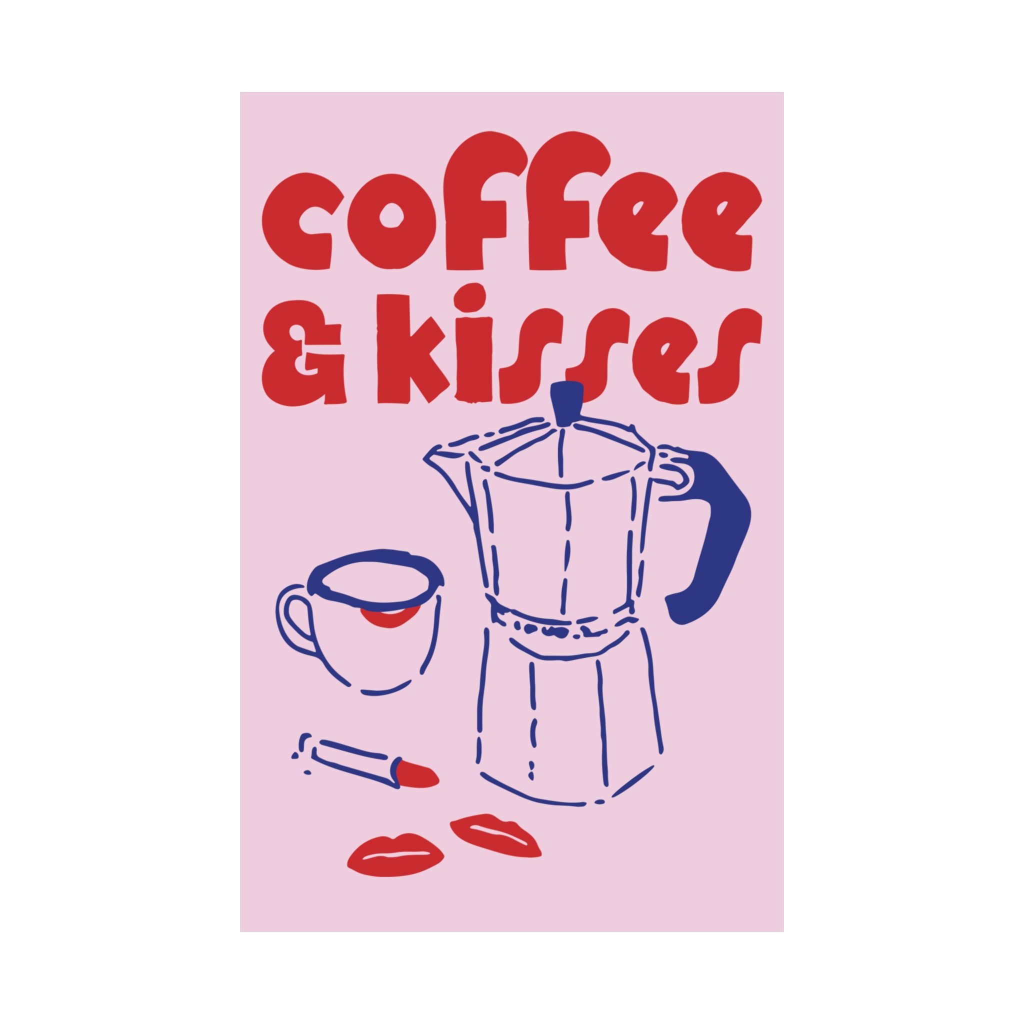 Funky Coffee & Kisses Doodle Poster, Blue Red Caffeine Wall Art Print