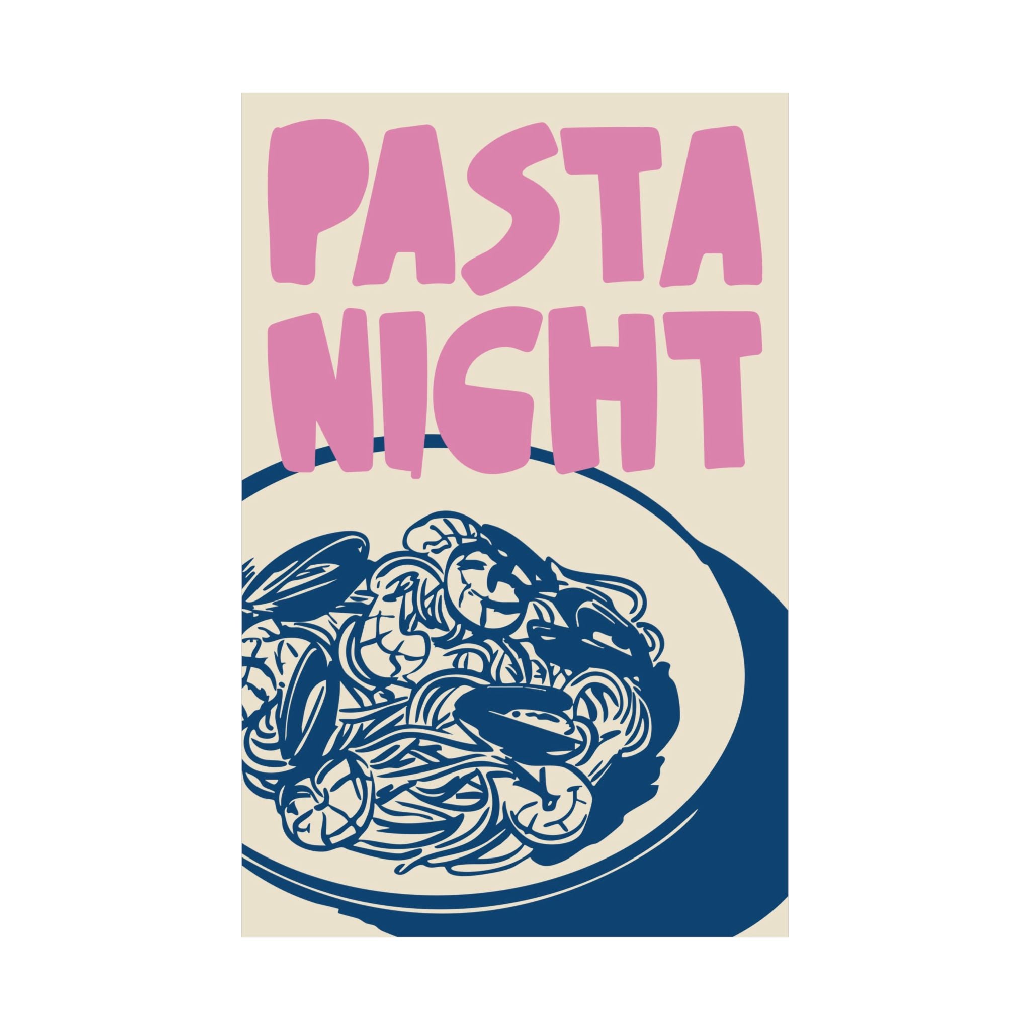 Pasta Night Silhouette Poster, Girl Dinner, Italian Food Pink Blue Wall Art Print