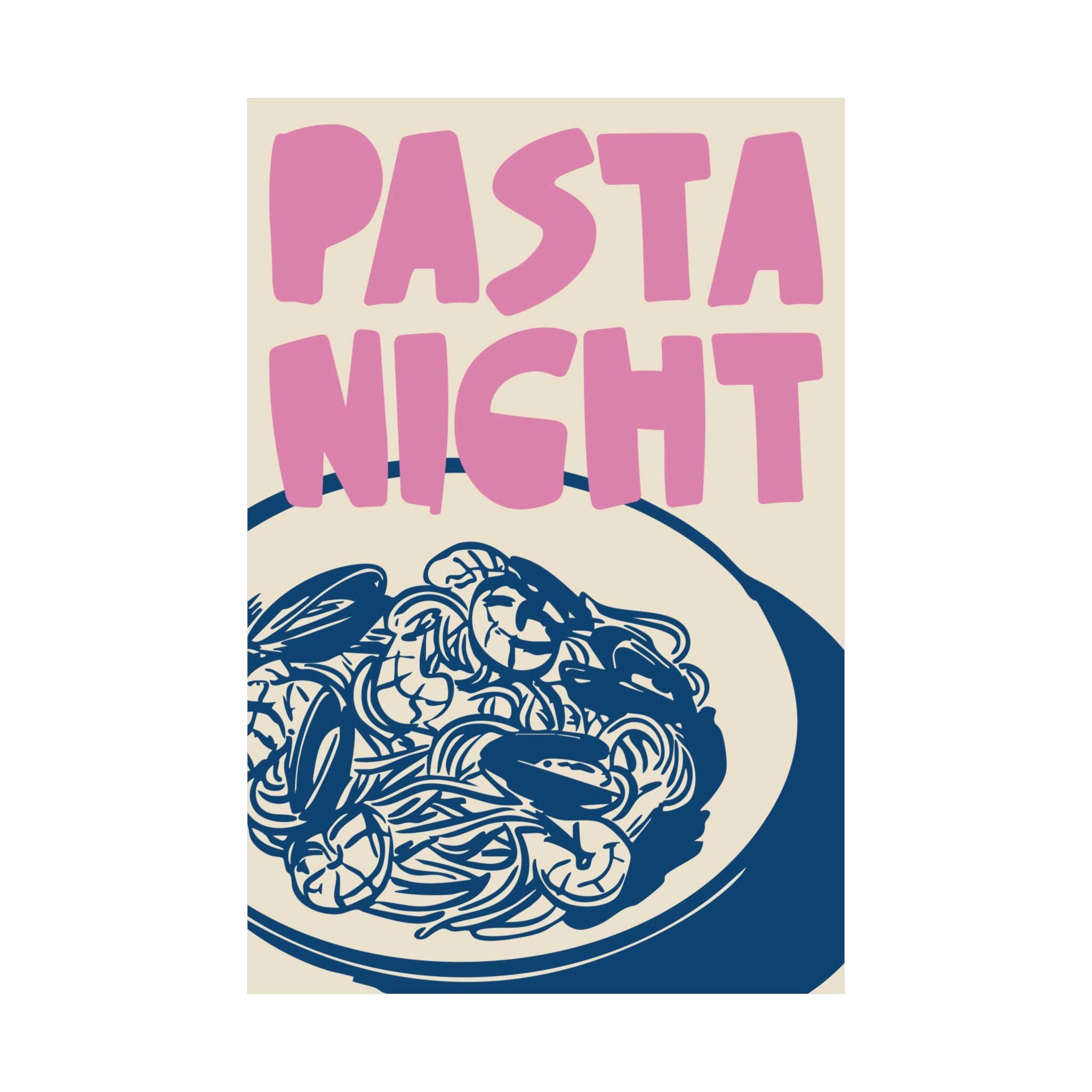 Pasta Night Silhouette Poster, Girl Dinner, Italian Food Pink Blue Wall Art Print