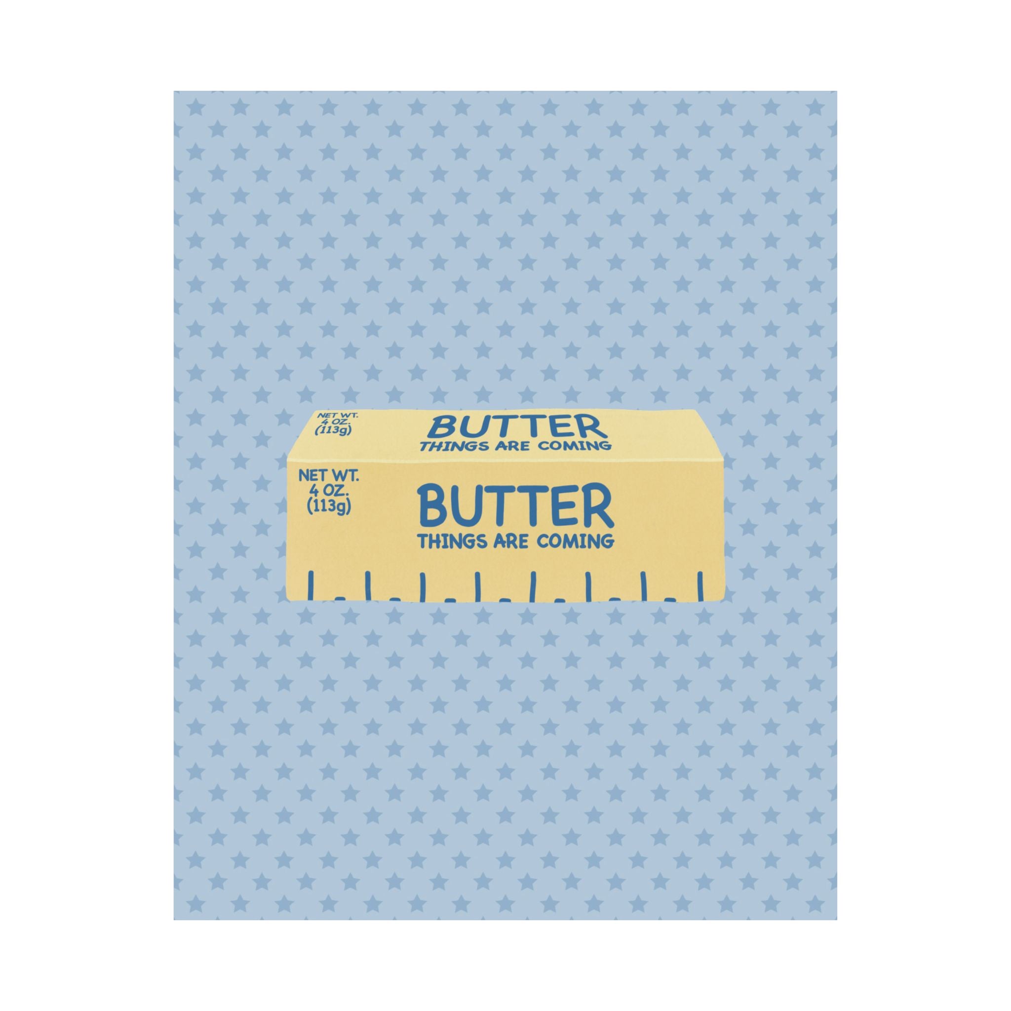 Butter Things Are Coming Illustration Poster, Blue Yellow Retro Eclectic Food Print