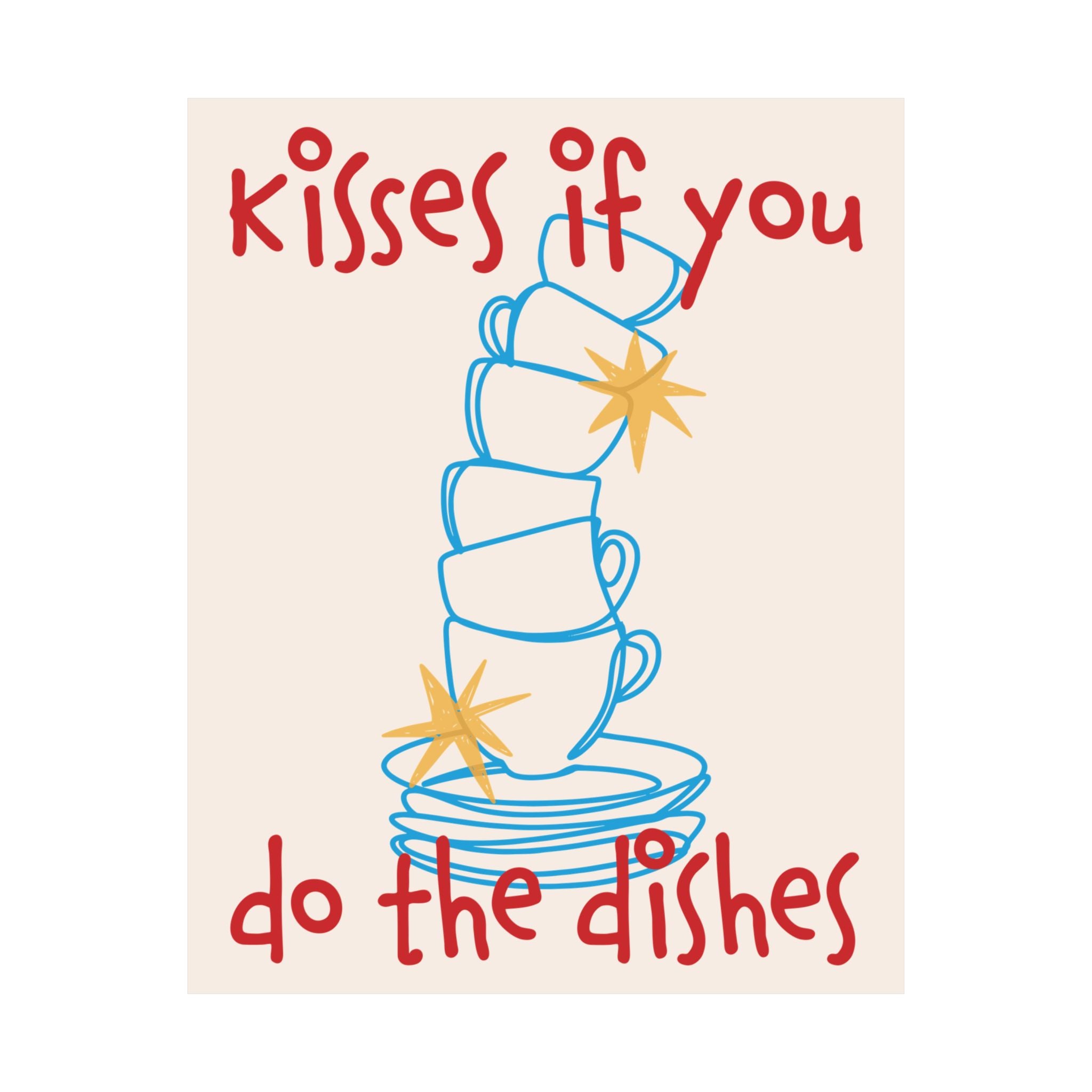 Kisses If You Do The Dishes Mugs & Bowls Poster, Blue Red Kitchen Art Print