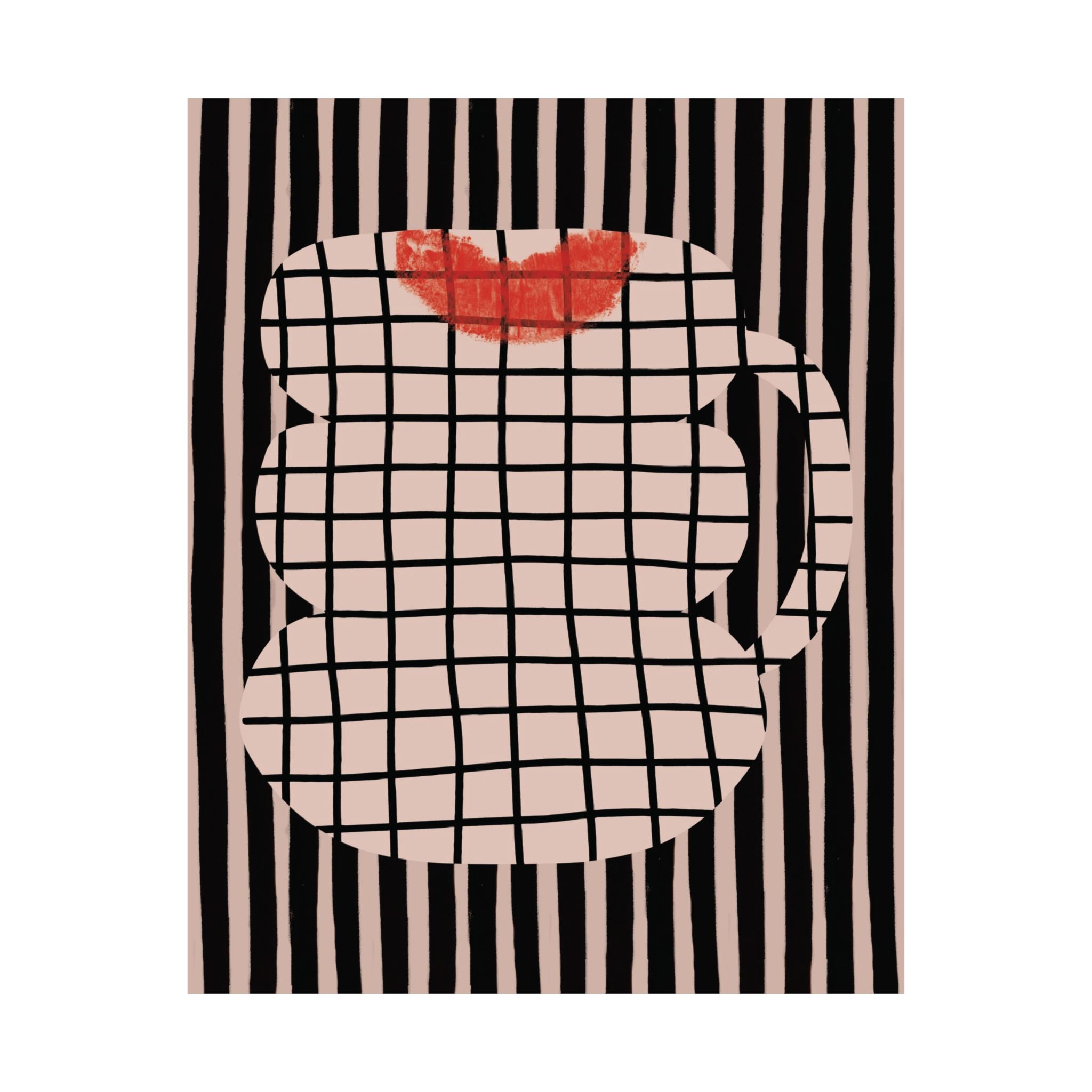 Abstract Coffee Mug With Red Lipstick Kiss Stamp Poster, Mixed Patterns Art Print