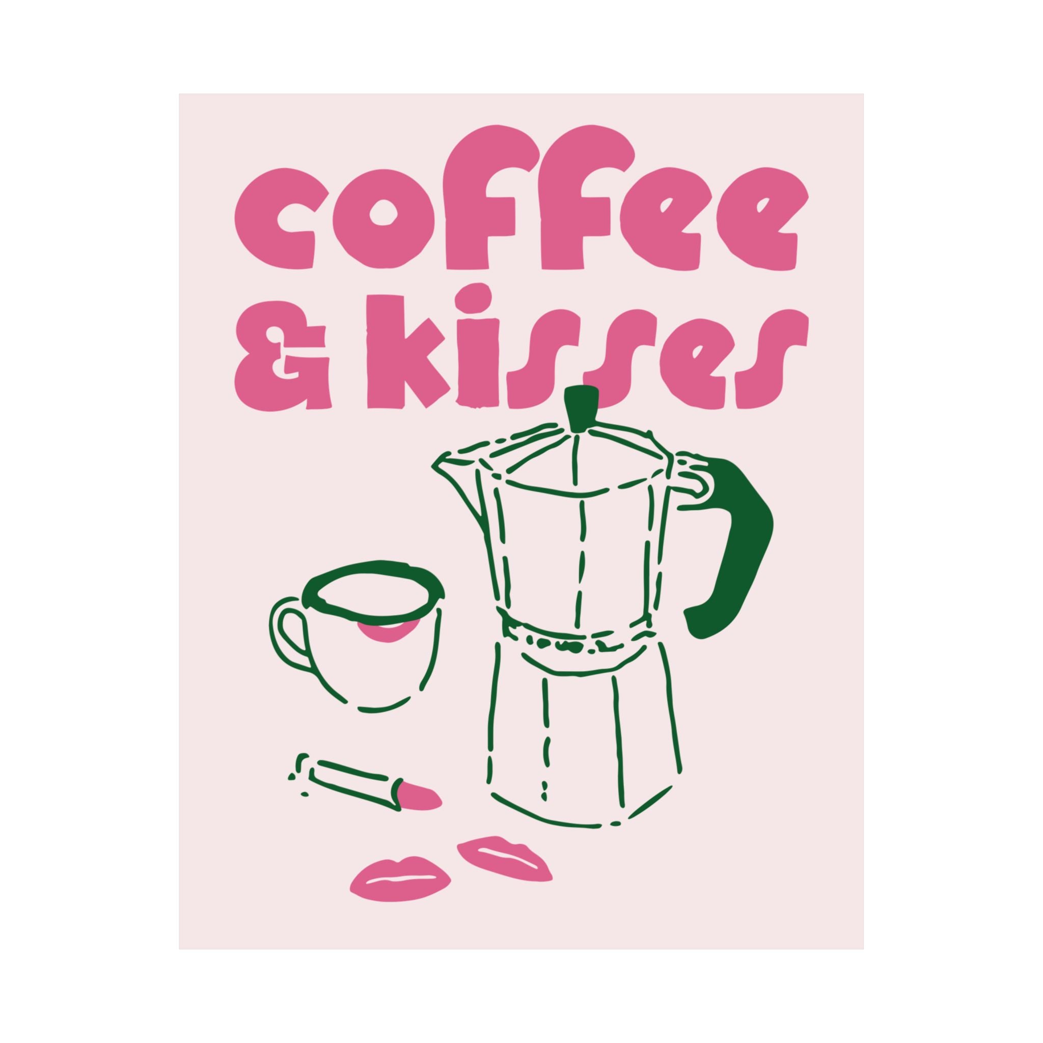 Funky Coffee & Kisses Doodle Poster, Green Pink Caffeine Wall Art Print