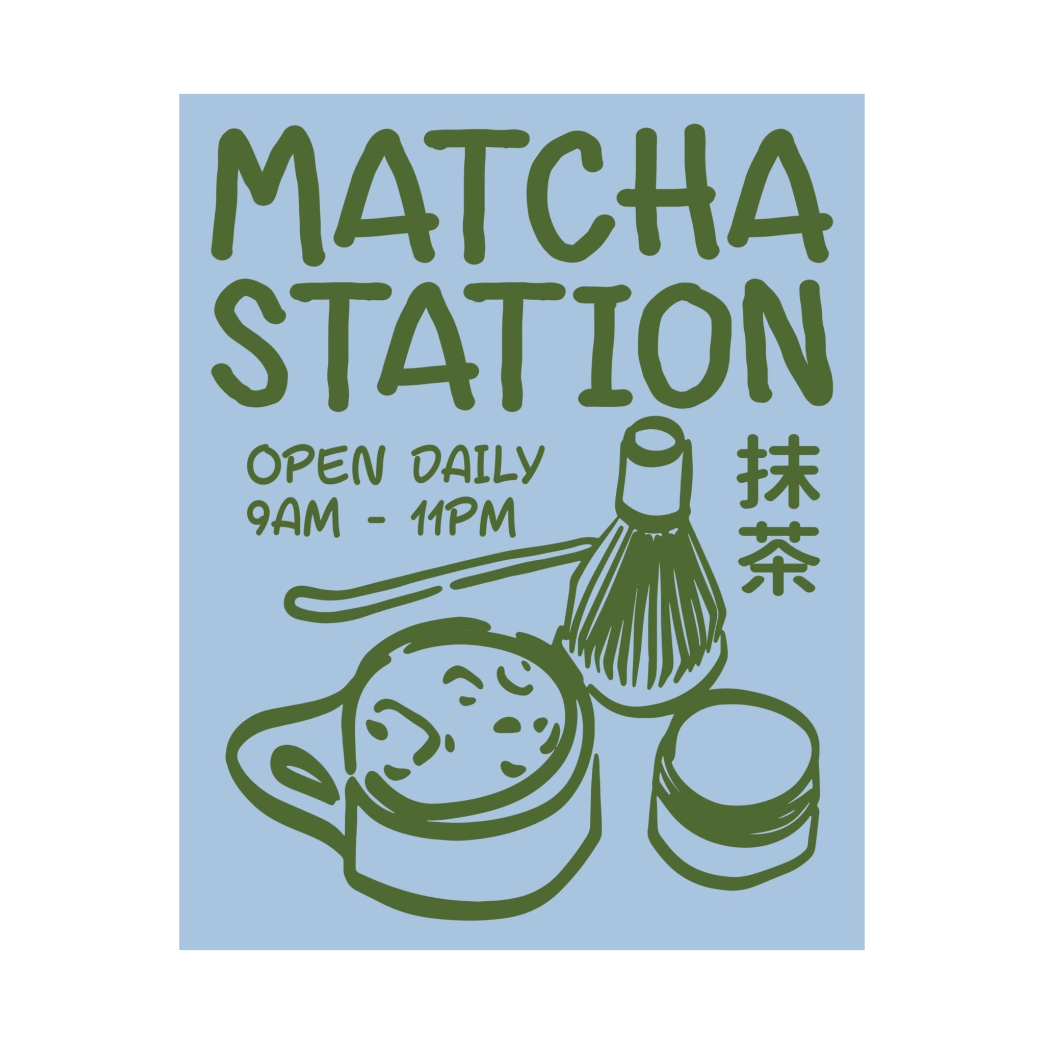 Funky Matcha Station Blue Green Poster, Coffeebar Doodle Print