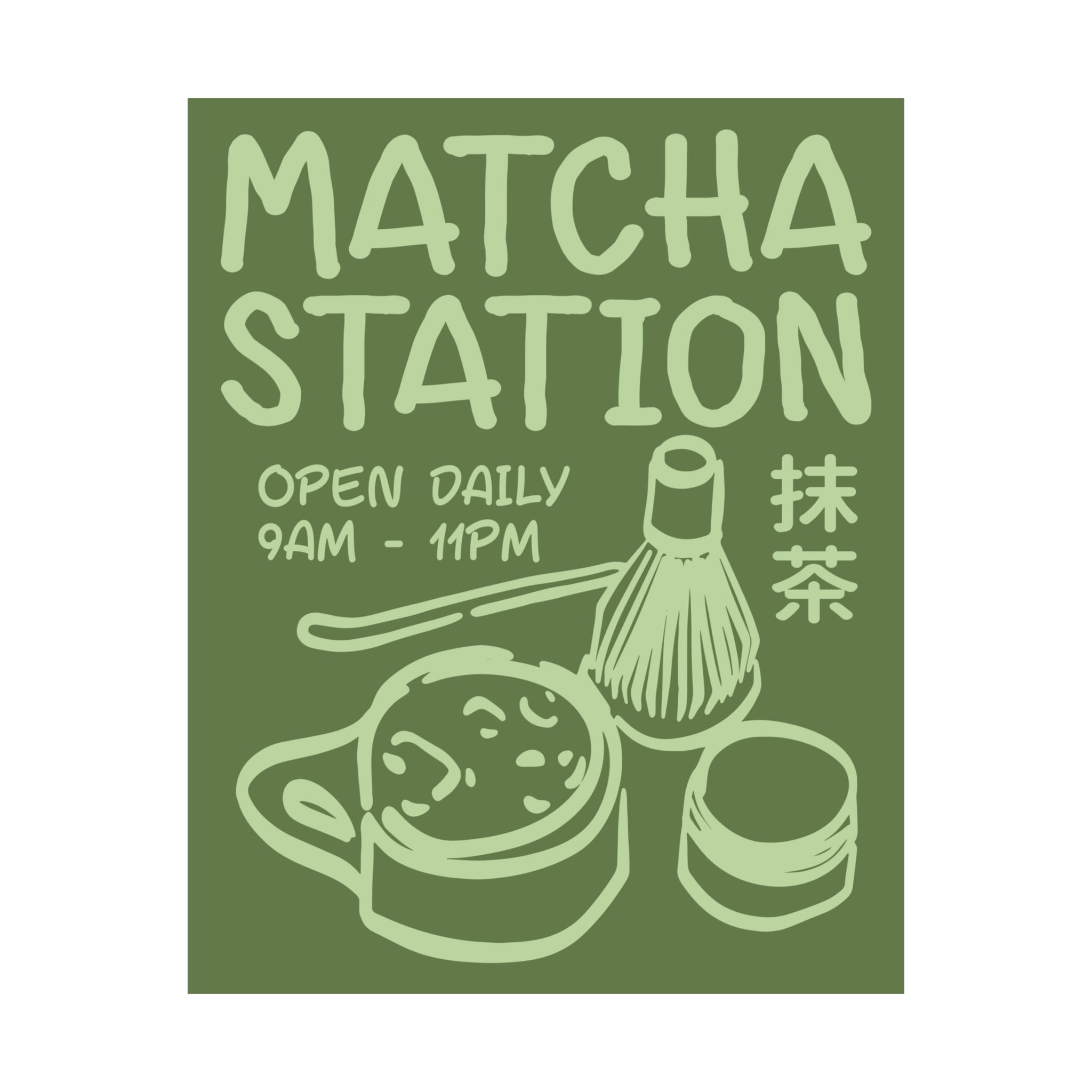 Funky Matcha Station Green Poster, Coffeebar Doodle Wall Art Print