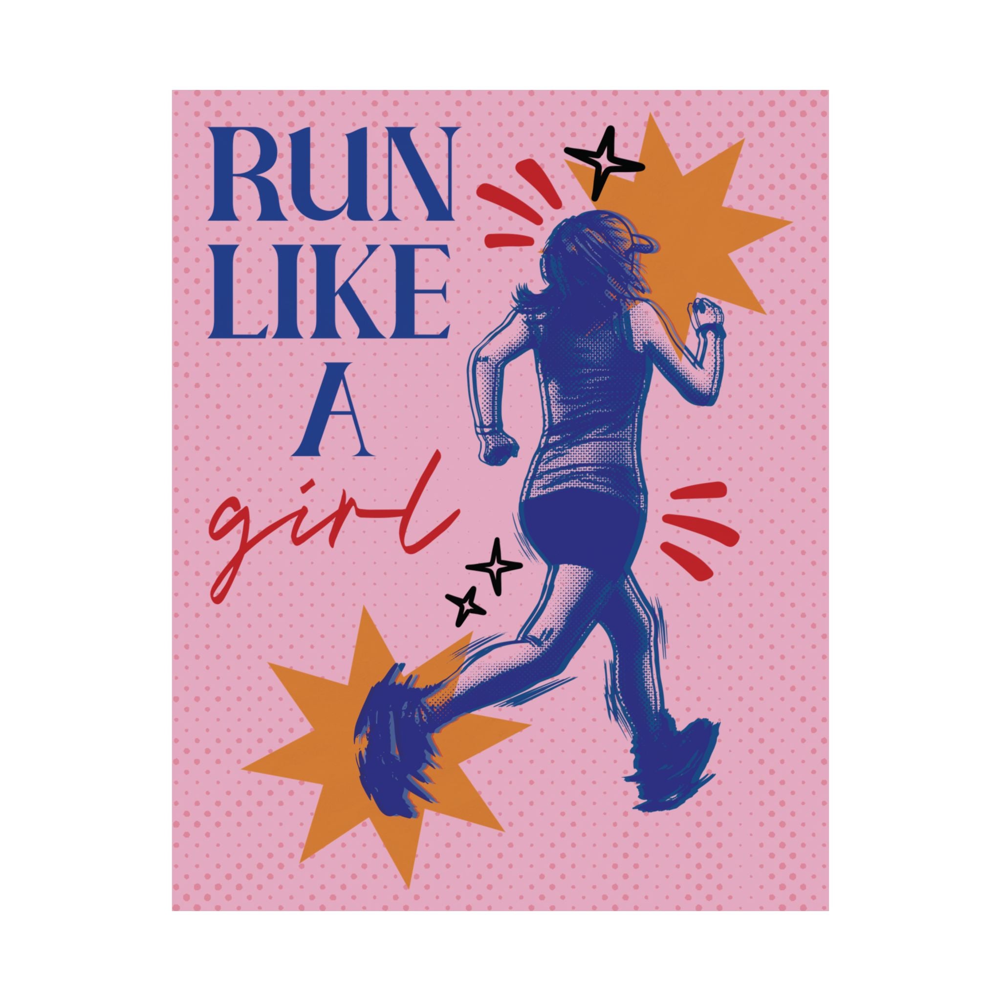 Halftone Run Like A Girl Poster, Blue, Pink Eclectic, Feminist Wall Art Print