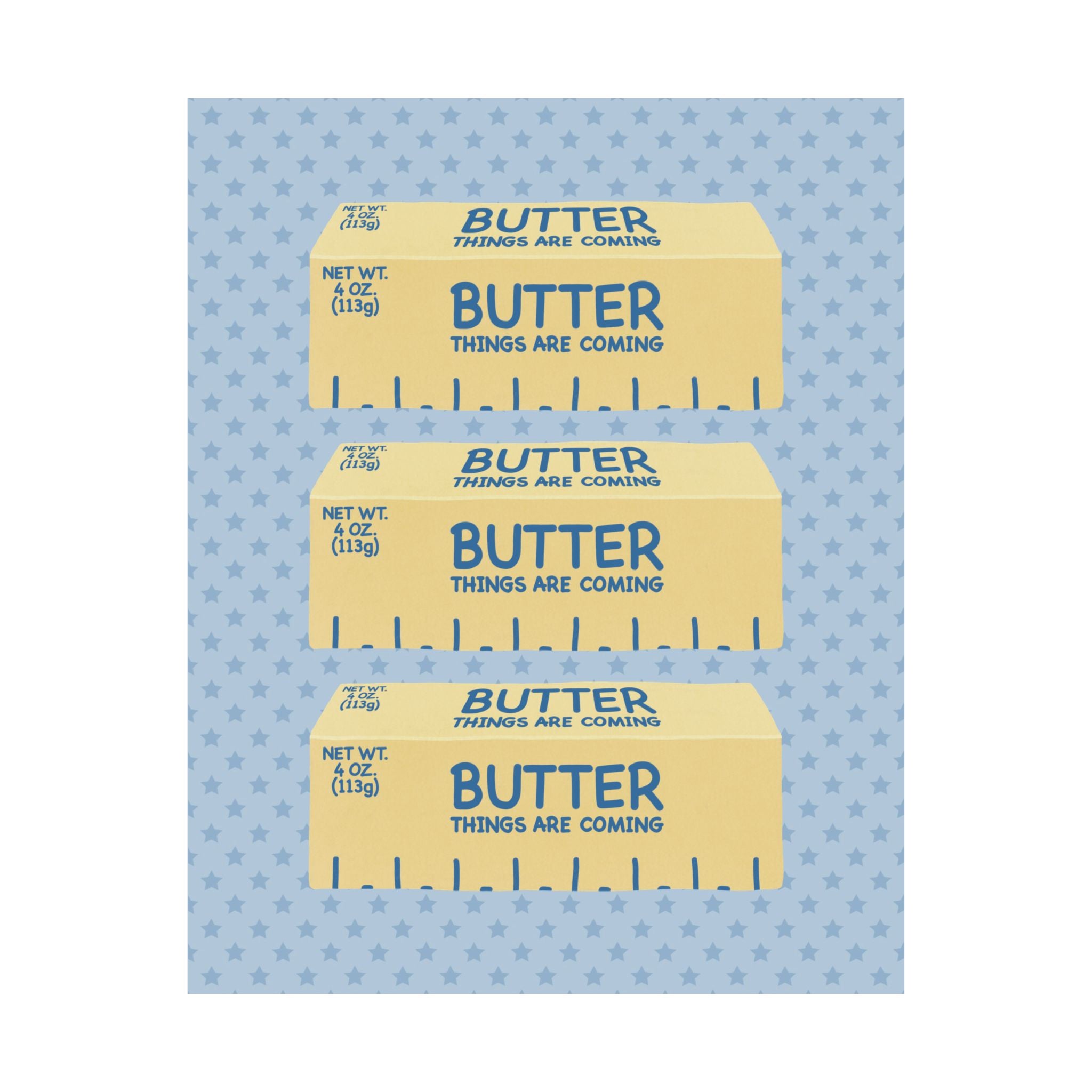 Butter Things Are Coming Illustration Poster, Blue Yellow Retro Eclectic Food Print