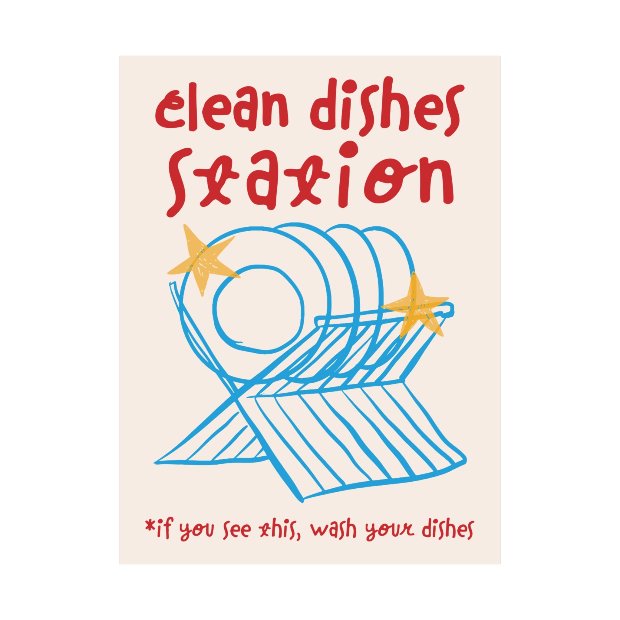 Clean Dishes Station, Wash Your Plates Poster, Blue Red Kitchen Art Print