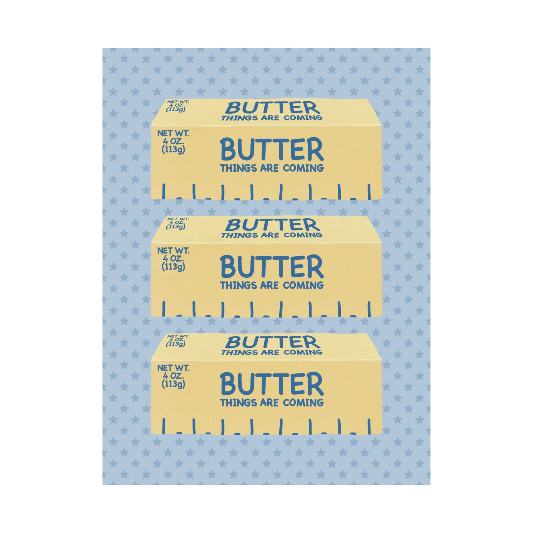 Butter Things Are Coming Illustration Poster, Blue Yellow Retro Eclectic Food Print