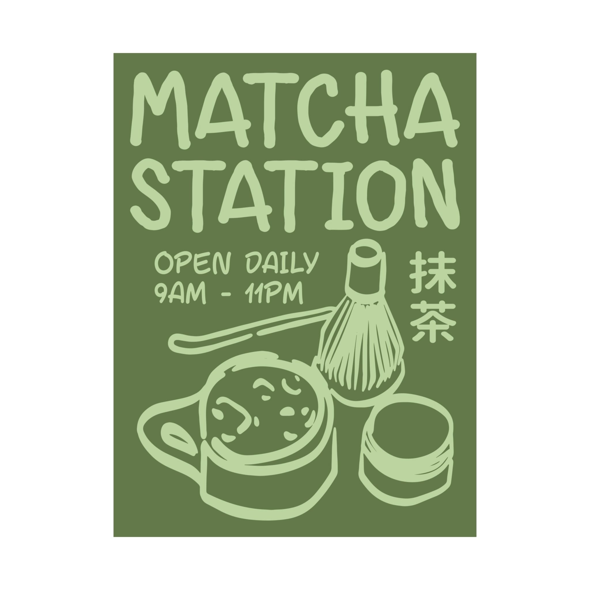 Funky Matcha Station Green Poster, Coffeebar Doodle Wall Art Print