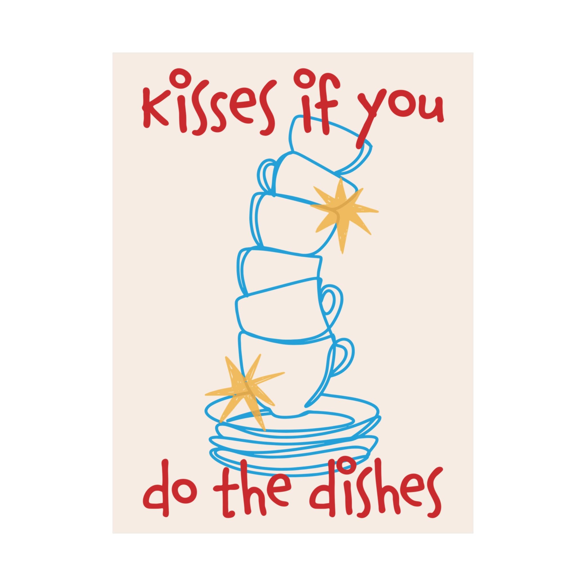 Kisses If You Do The Dishes Mugs & Bowls Poster, Blue Red Kitchen Art Print