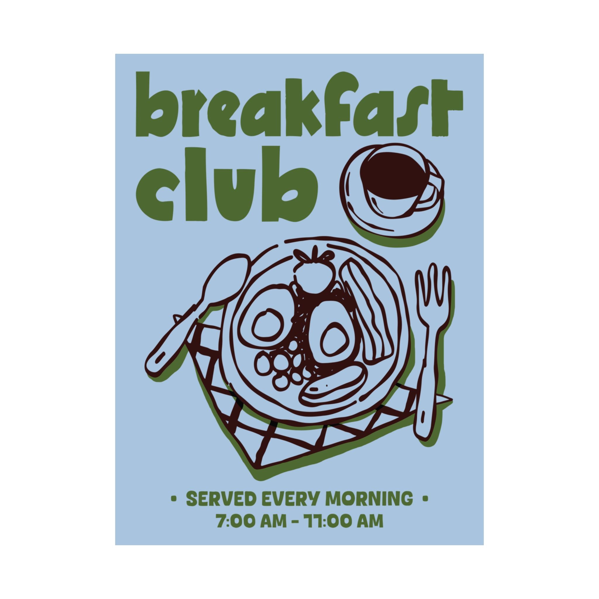 Doodle Breakfast Club Poster, Food & Coffee Blue, Green, Brown Wall Art Print