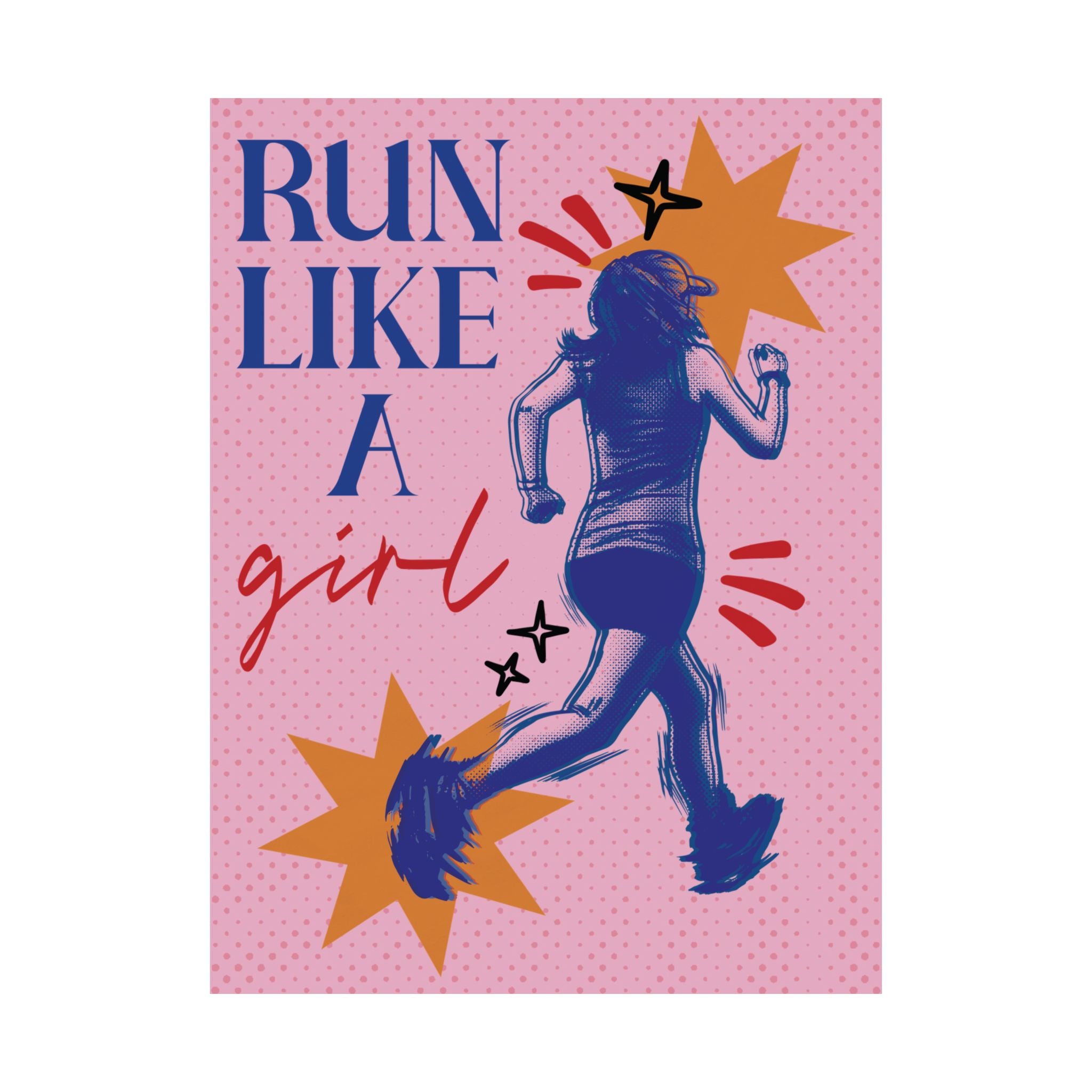 Halftone Run Like A Girl Poster, Blue, Pink Eclectic, Feminist Wall Art Print