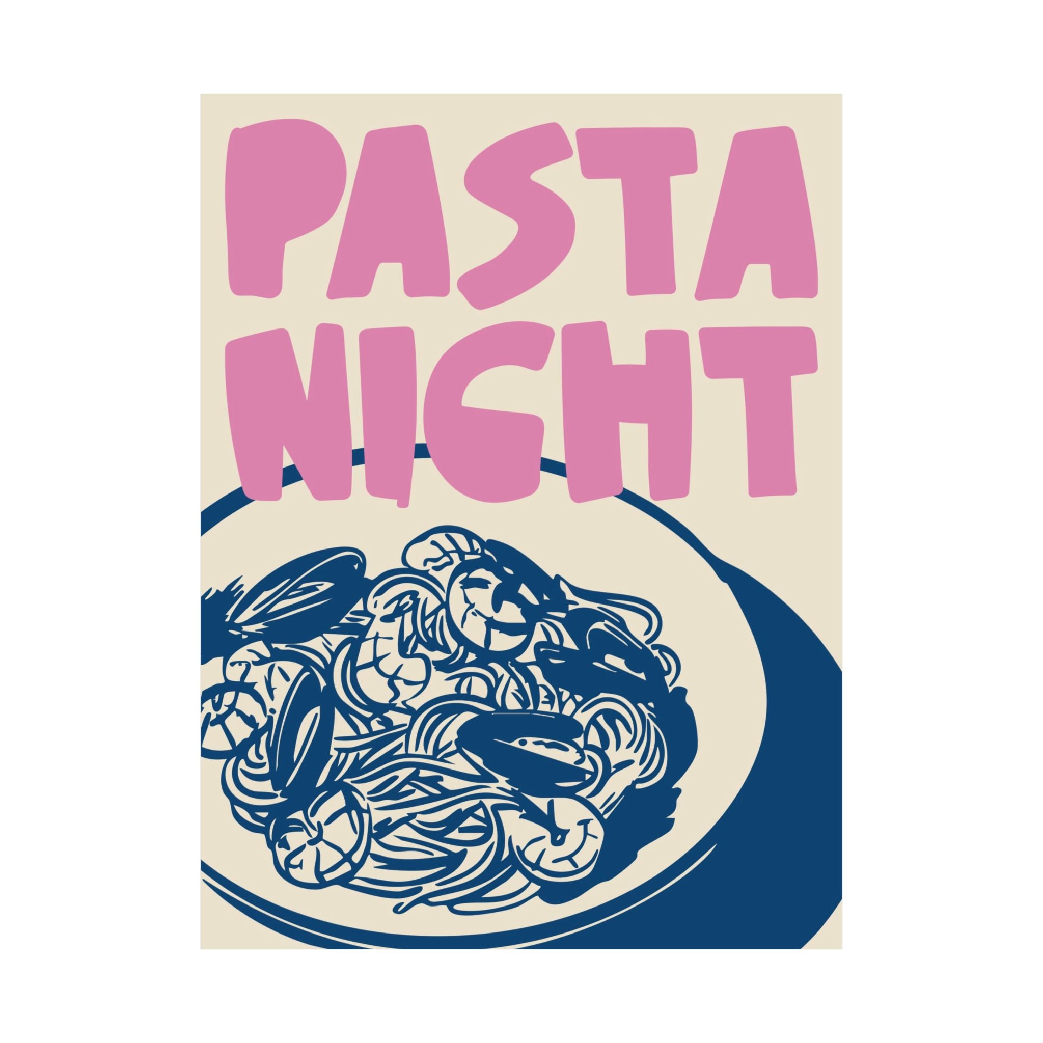 Pasta Night Silhouette Poster, Girl Dinner, Italian Food Pink Blue Wall Art Print