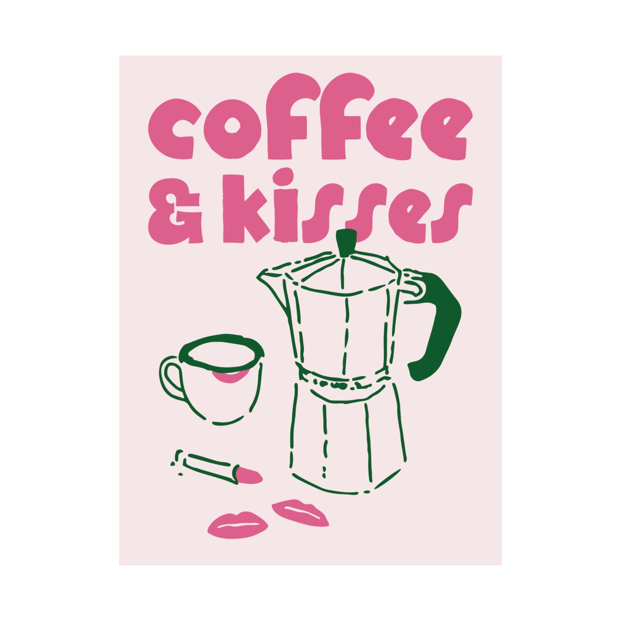 Funky Coffee & Kisses Doodle Poster, Green Pink Caffeine Wall Art Print