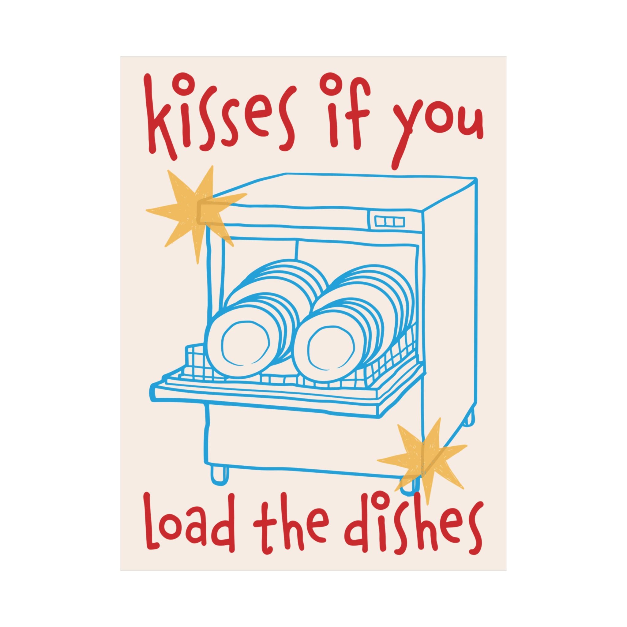 Kisses If You Load The Dishes Dishwasher Poster, Blue Red Kitchen Art Print