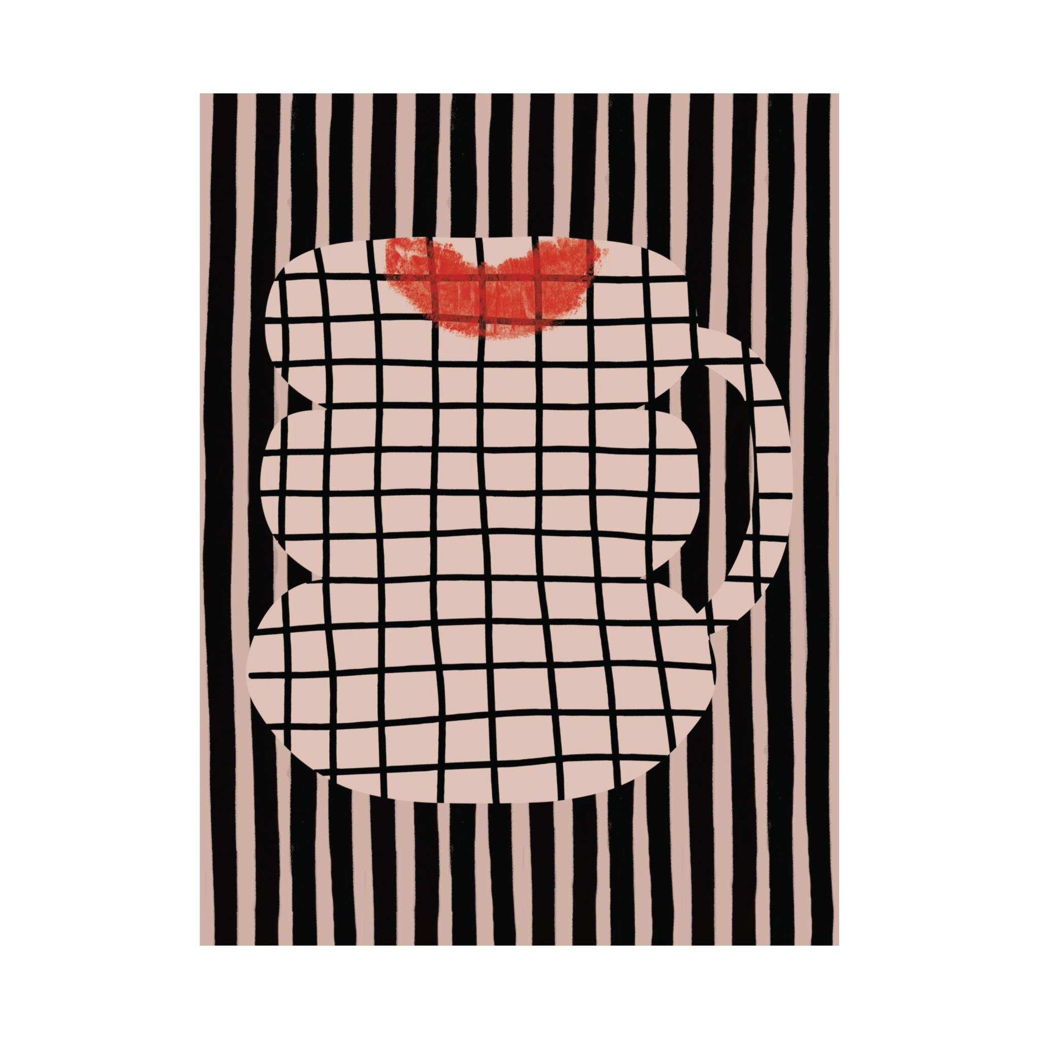 Abstract Coffee Mug With Red Lipstick Kiss Stamp Poster, Mixed Patterns Art Print